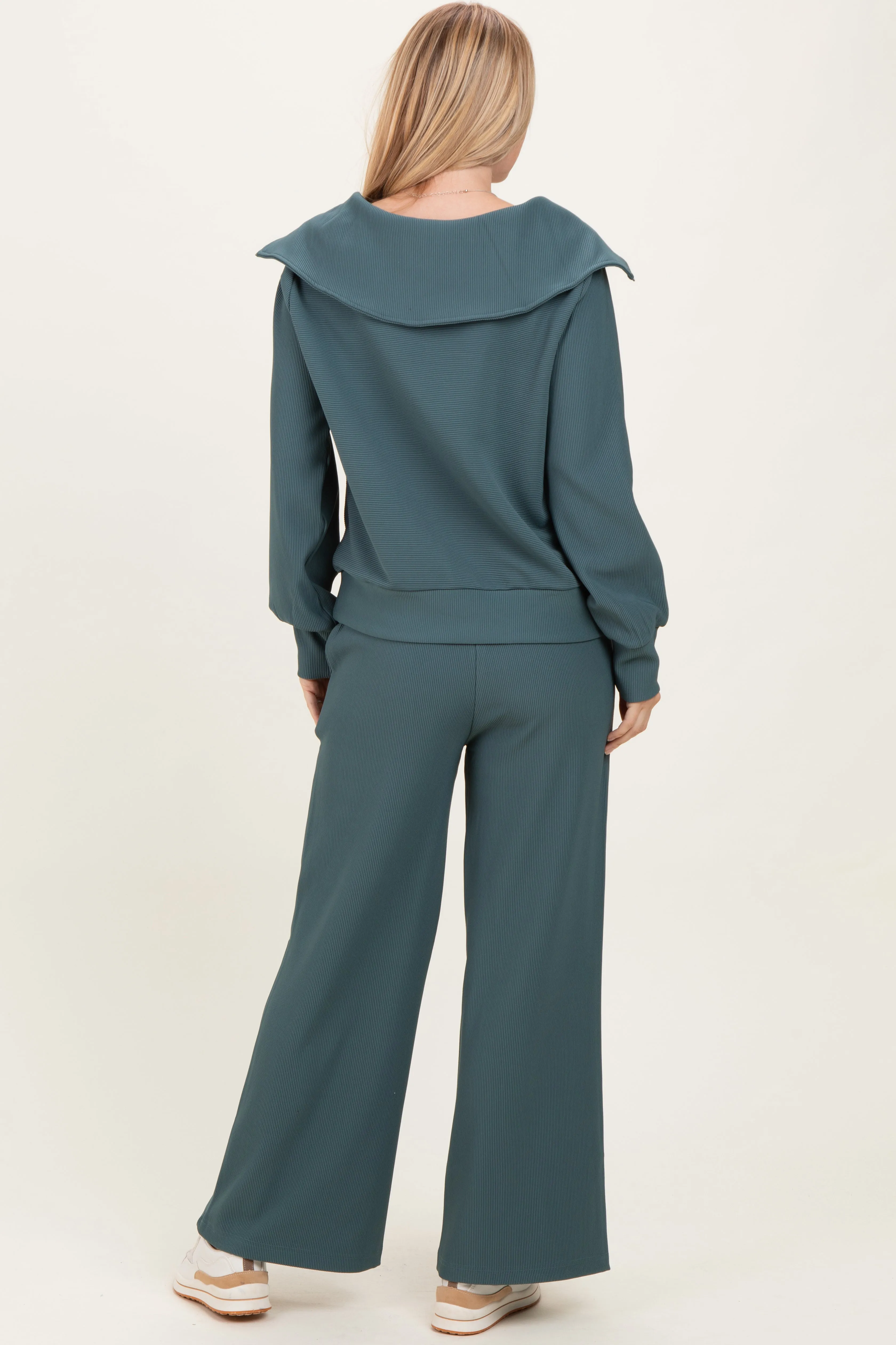 Teal Ribbed High Neck Half Zip Pullover Pant Set sold by Pinkblush product image thumbnail 4