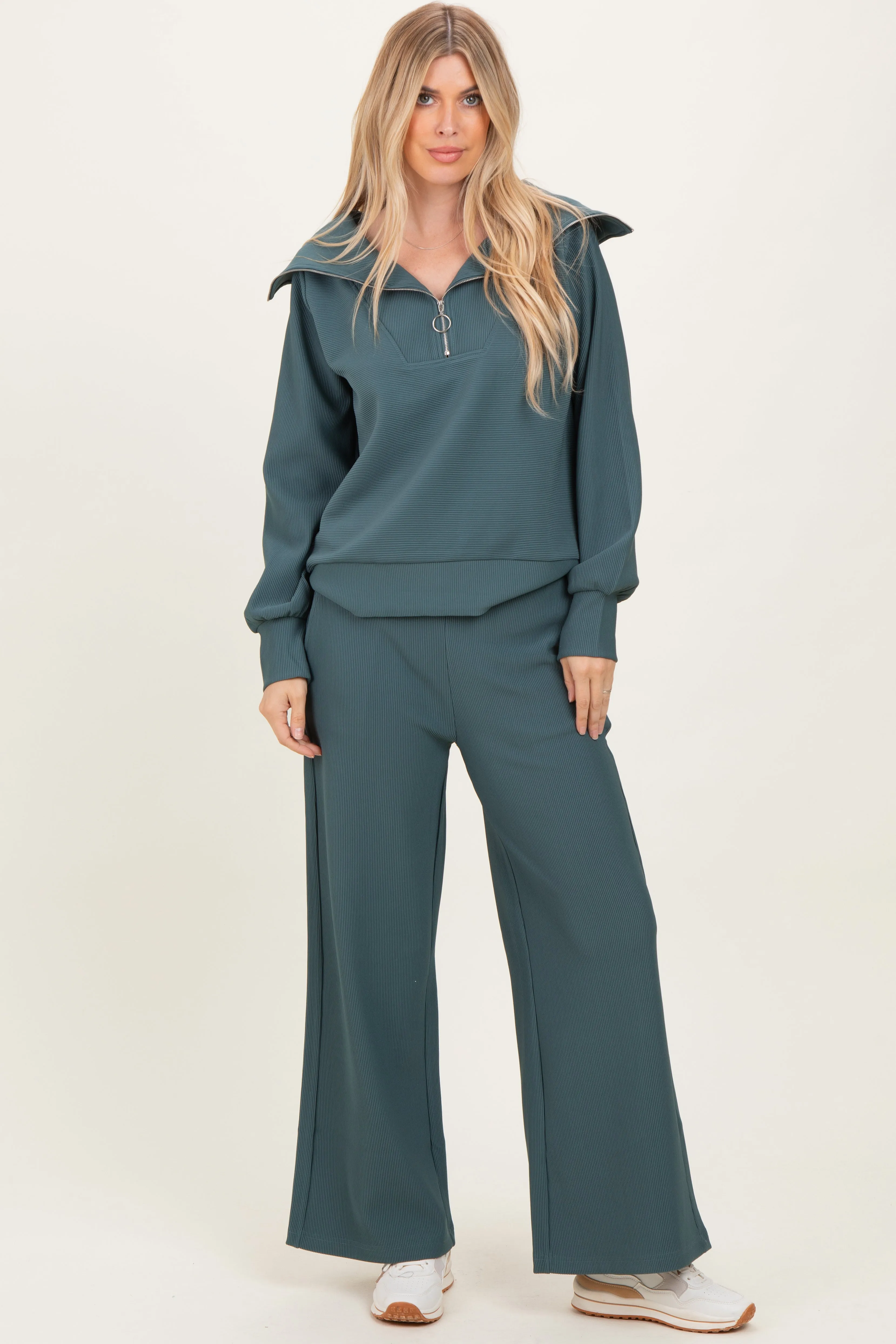 Teal Ribbed High Neck Half Zip Pullover Pant Set sold by Pinkblush