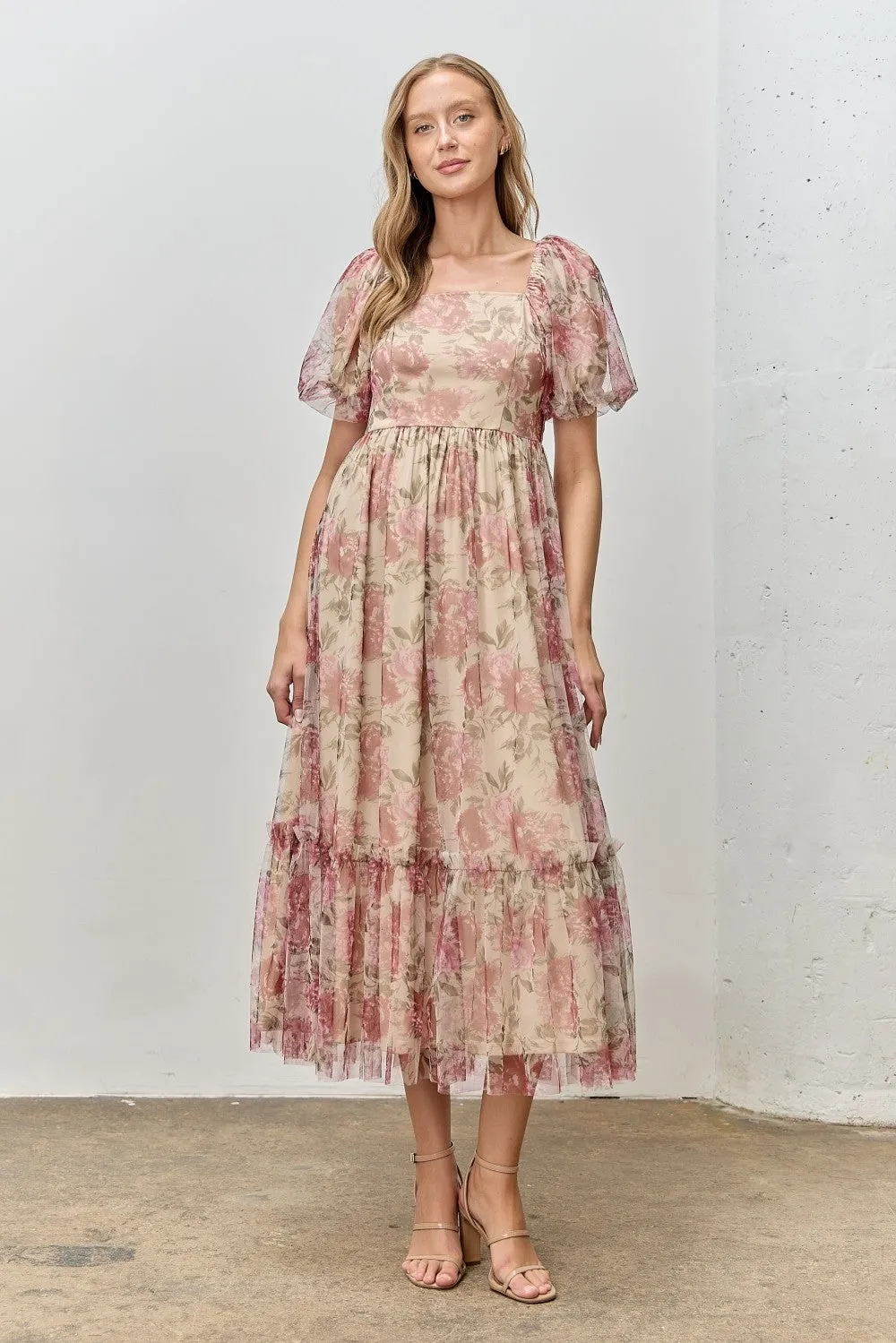 Mauve Floral Printed Tulle Puff Sleeve Maternity Midi Dress sold by Pinkblush product image thumbnail 4