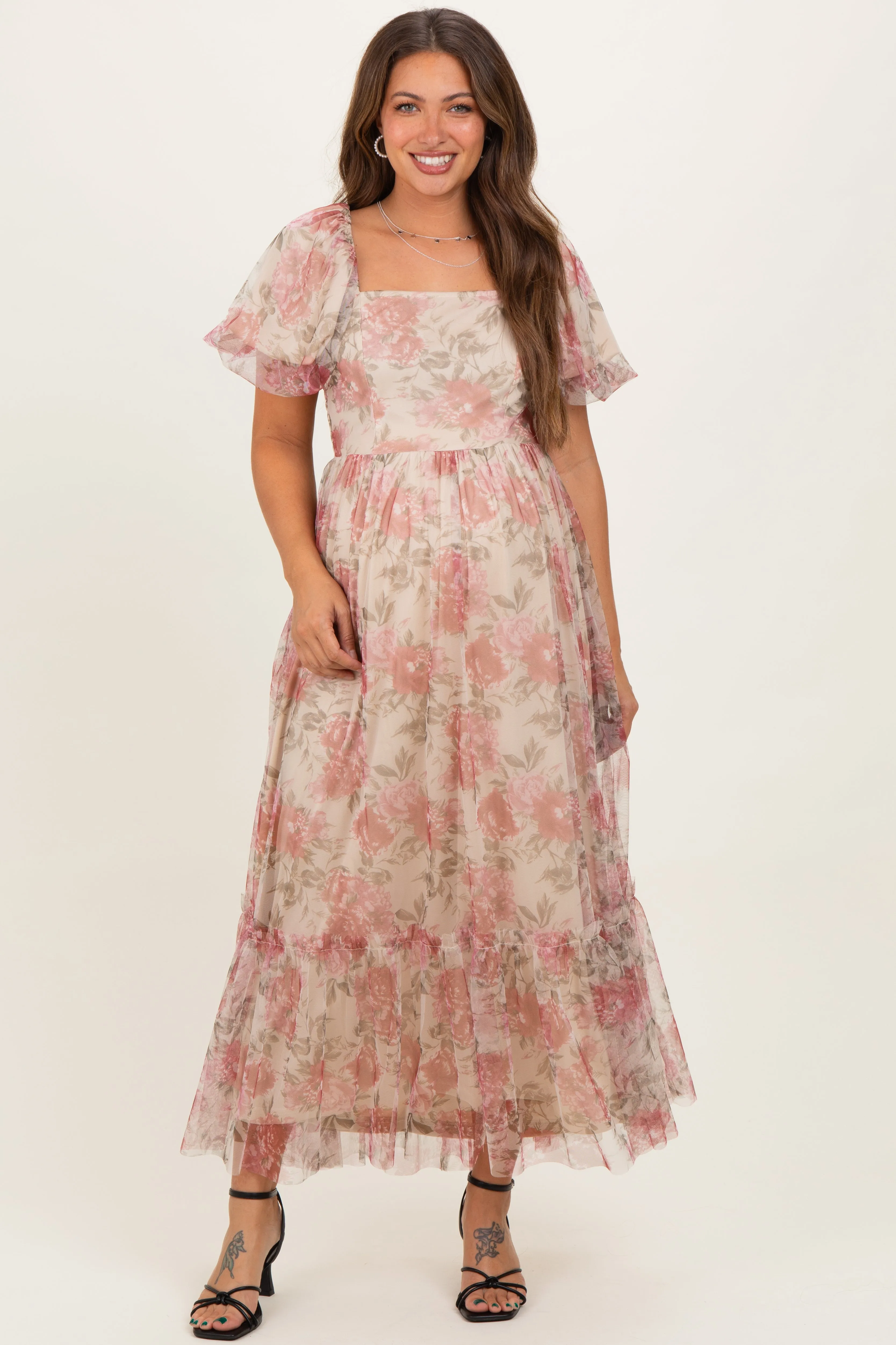 Mauve Floral Printed Tulle Puff Sleeve Maternity Midi Dress sold by Pinkblush