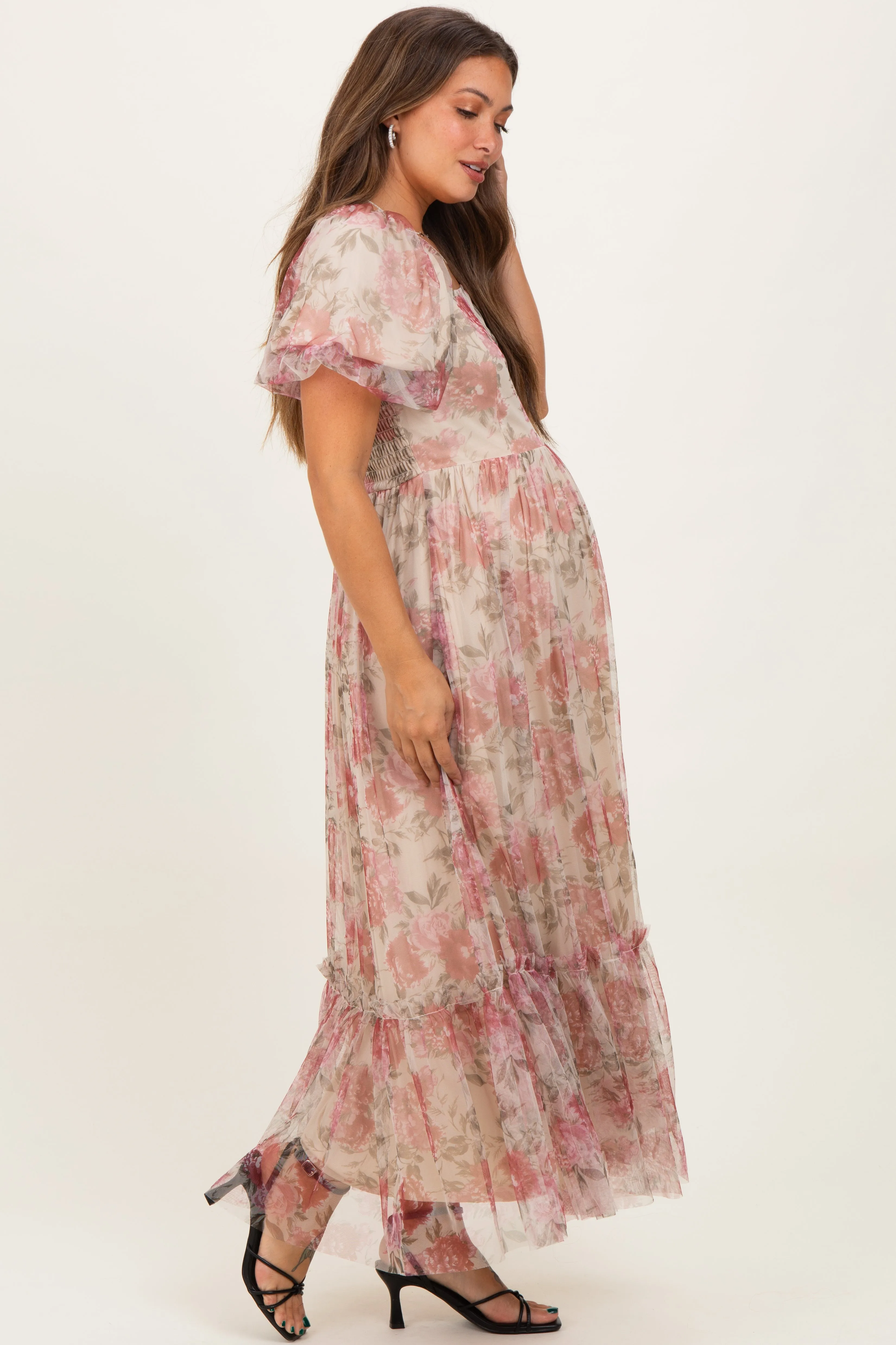 Mauve Floral Printed Tulle Puff Sleeve Maternity Midi Dress sold by Pinkblush product image thumbnail 2