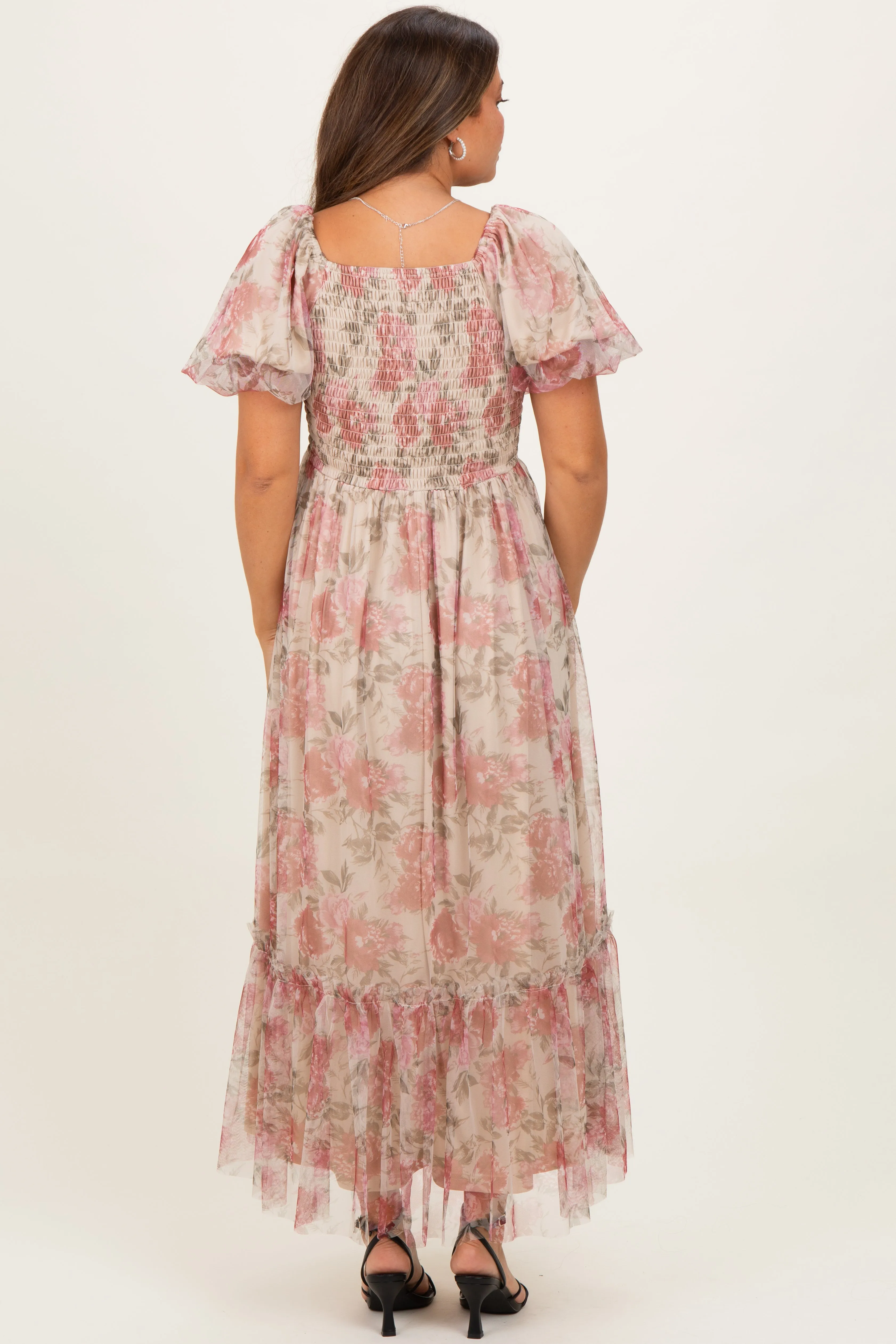 Mauve Floral Printed Tulle Puff Sleeve Maternity Midi Dress sold by Pinkblush product image thumbnail 3