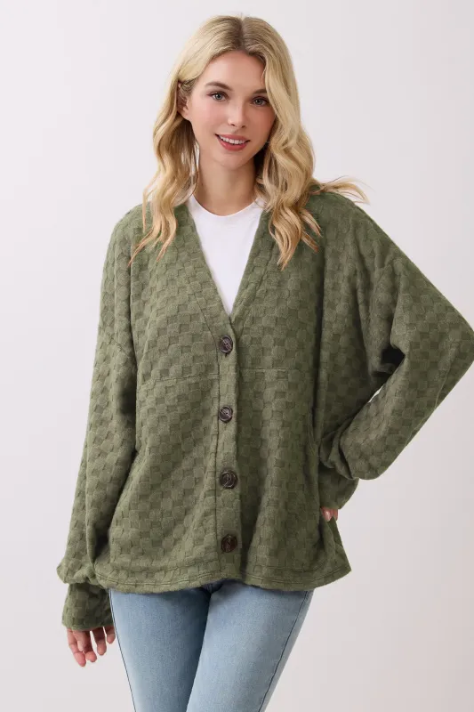 Olive Checkered Knit Button Front Cardigan sold by Pinkblush