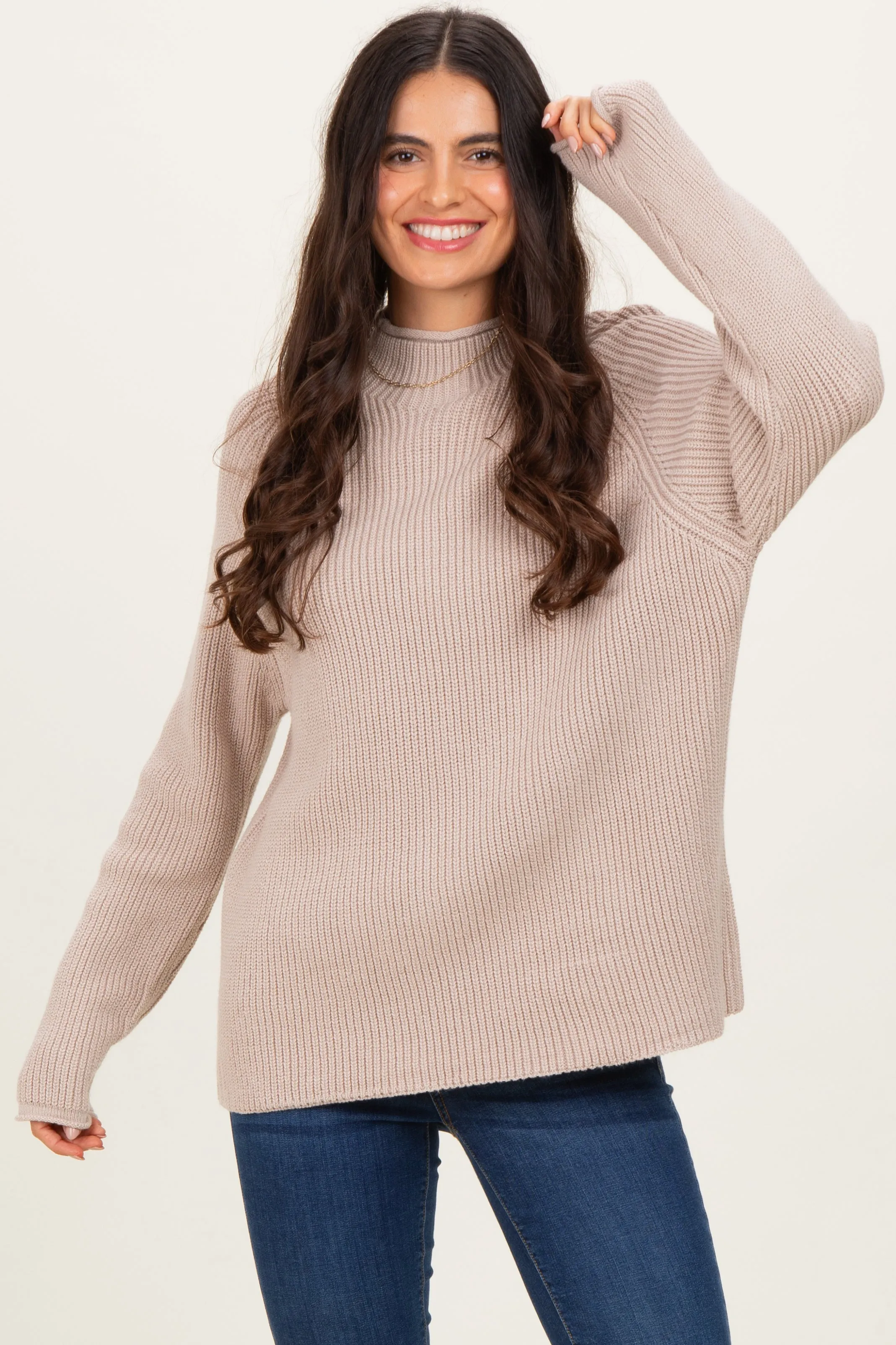 Beige Mock Neck Ribbed Knit Basic Maternity Sweater Top sold by Pinkblush product image thumbnail 5
