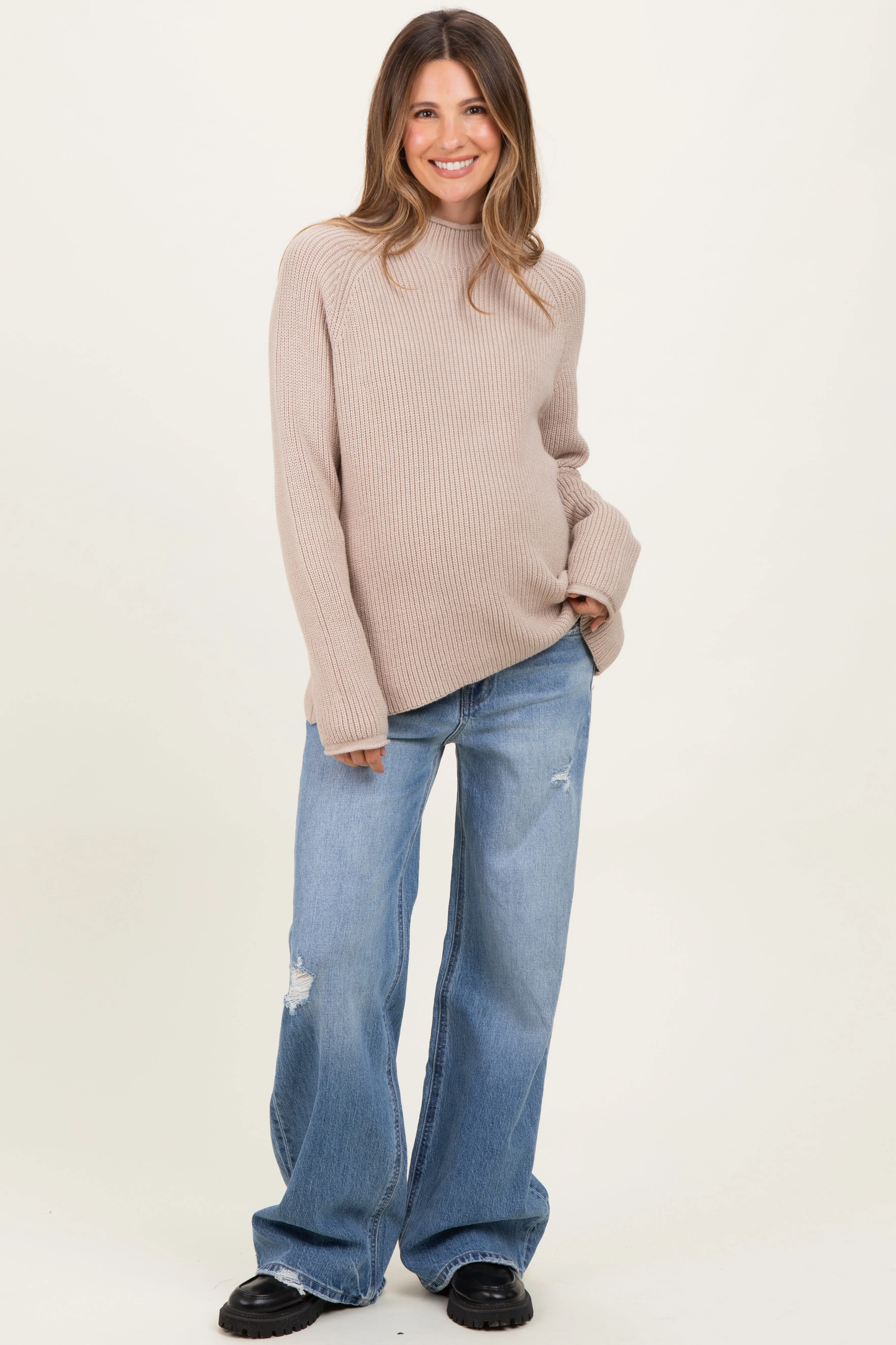 Beige Mock Neck Ribbed Knit Basic Maternity Sweater Top sold by Pinkblush product image thumbnail 2