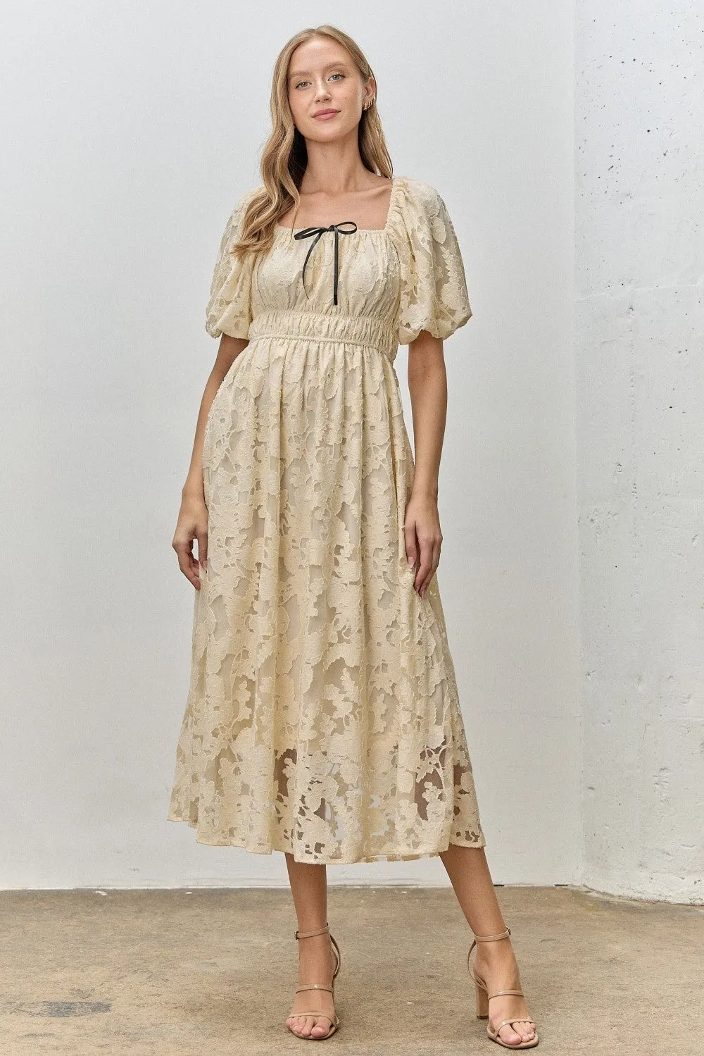 Cream Lace Puff Sleeve Midi Dress sold by Pinkblush