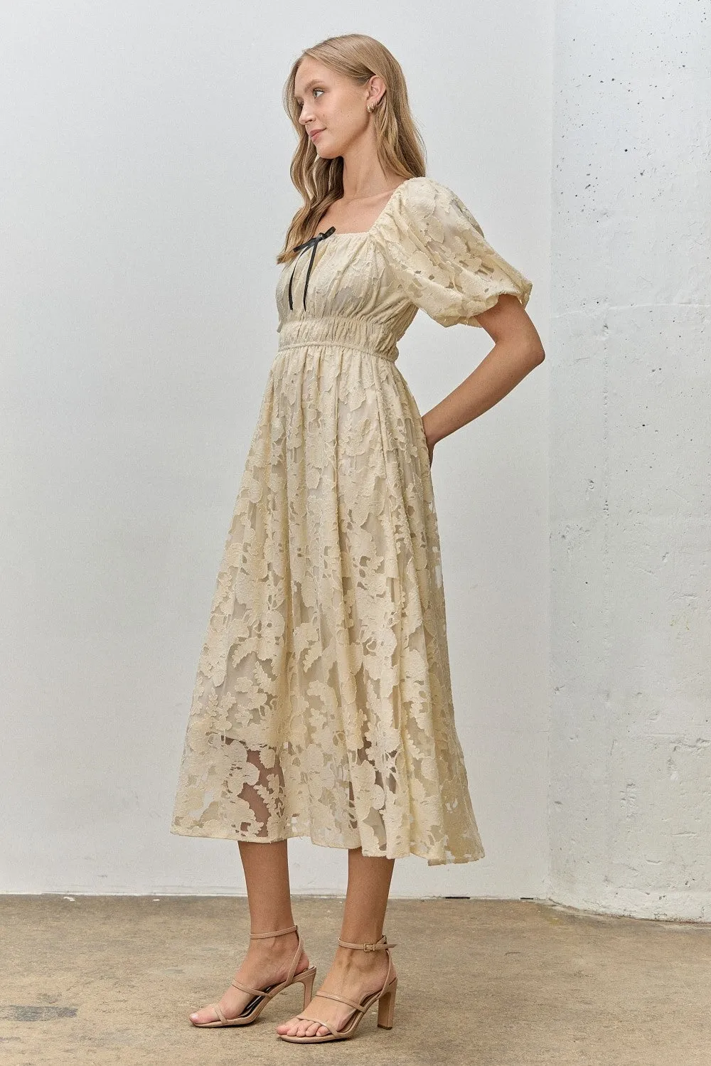 Cream Lace Puff Sleeve Midi Dress sold by Pinkblush product image thumbnail 2
