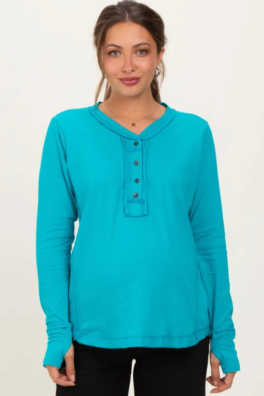 Turquoise Long Sleeve Exposed Seam Maternity Top sold by Pinkblush