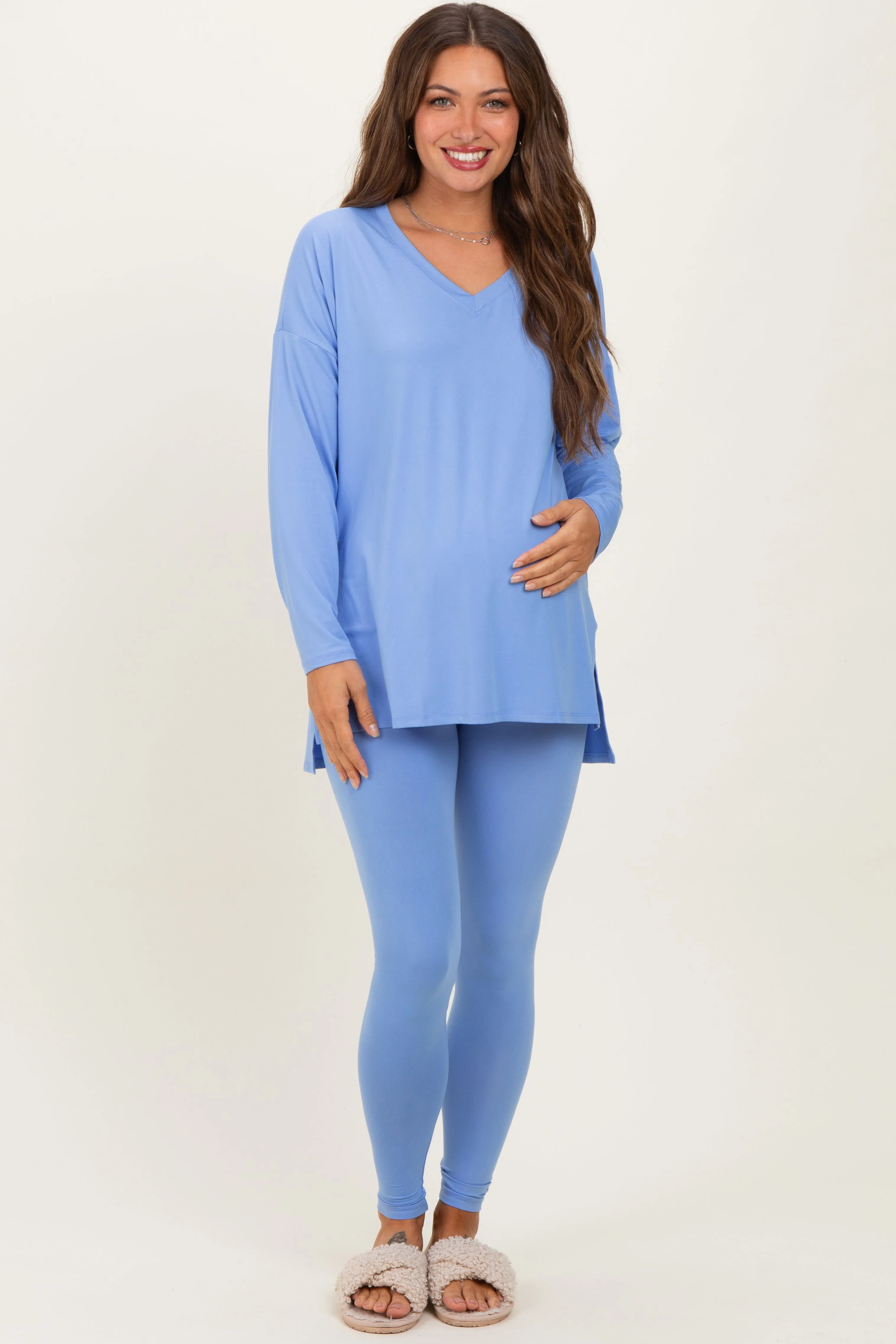 Cornflower Blue Brushed Knit Maternity Oversized Top and Legging Set sold by Pinkblush