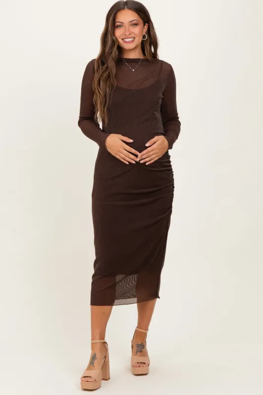 Brown Shimmer Mesh Long Sleeve Ruched Maternity Midi Dress sold by Pinkblush