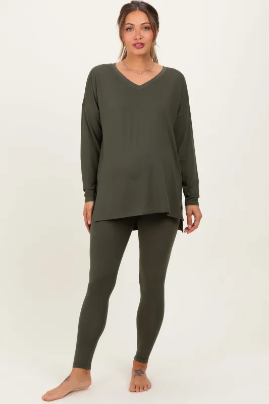 Olive Green Brushed Knit Maternity Oversized Top and Legging Set sold by Pinkblush