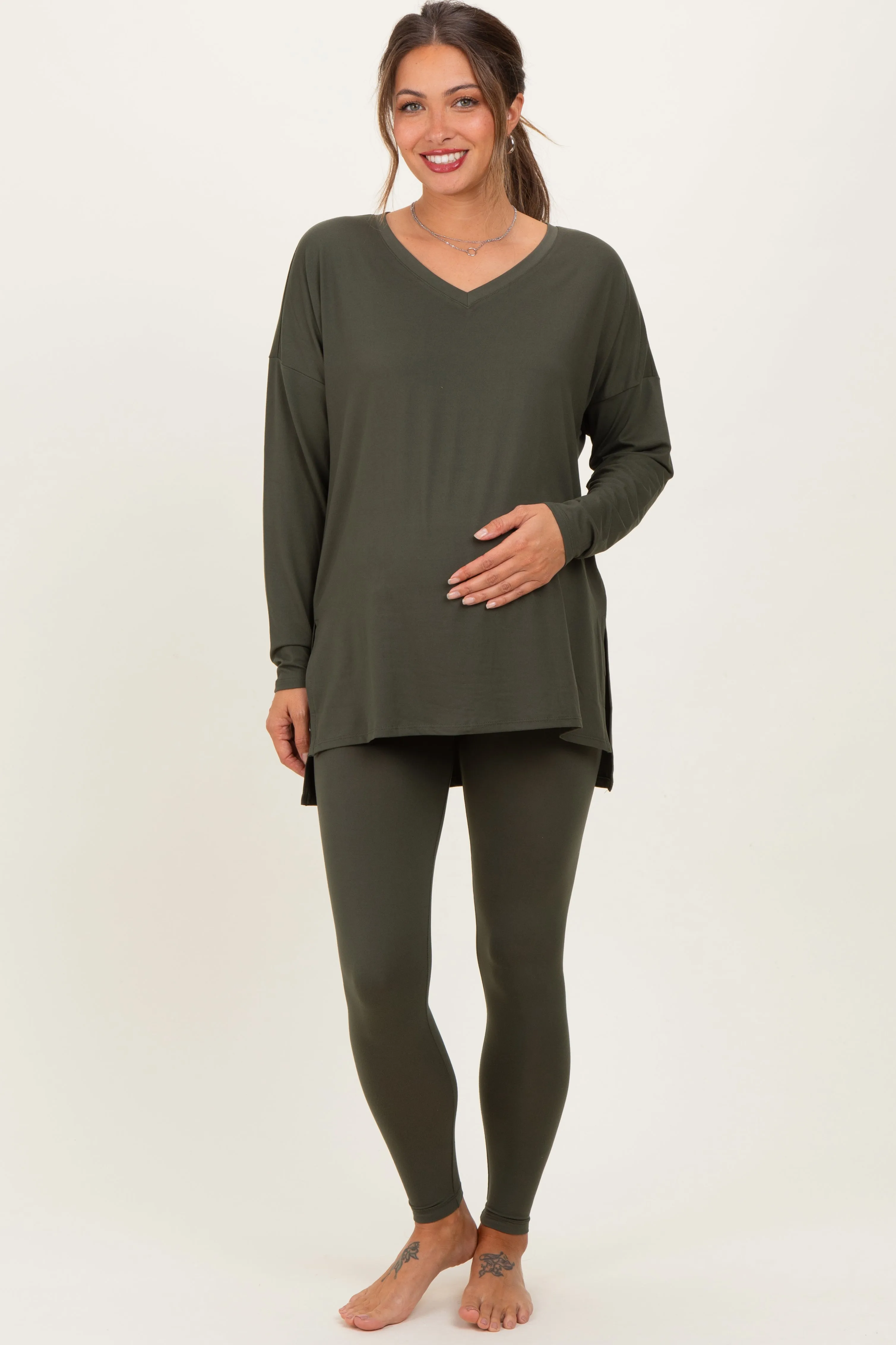 Olive Green Brushed Knit Maternity Oversized Top and Legging Set sold by Pinkblush product image thumbnail 2