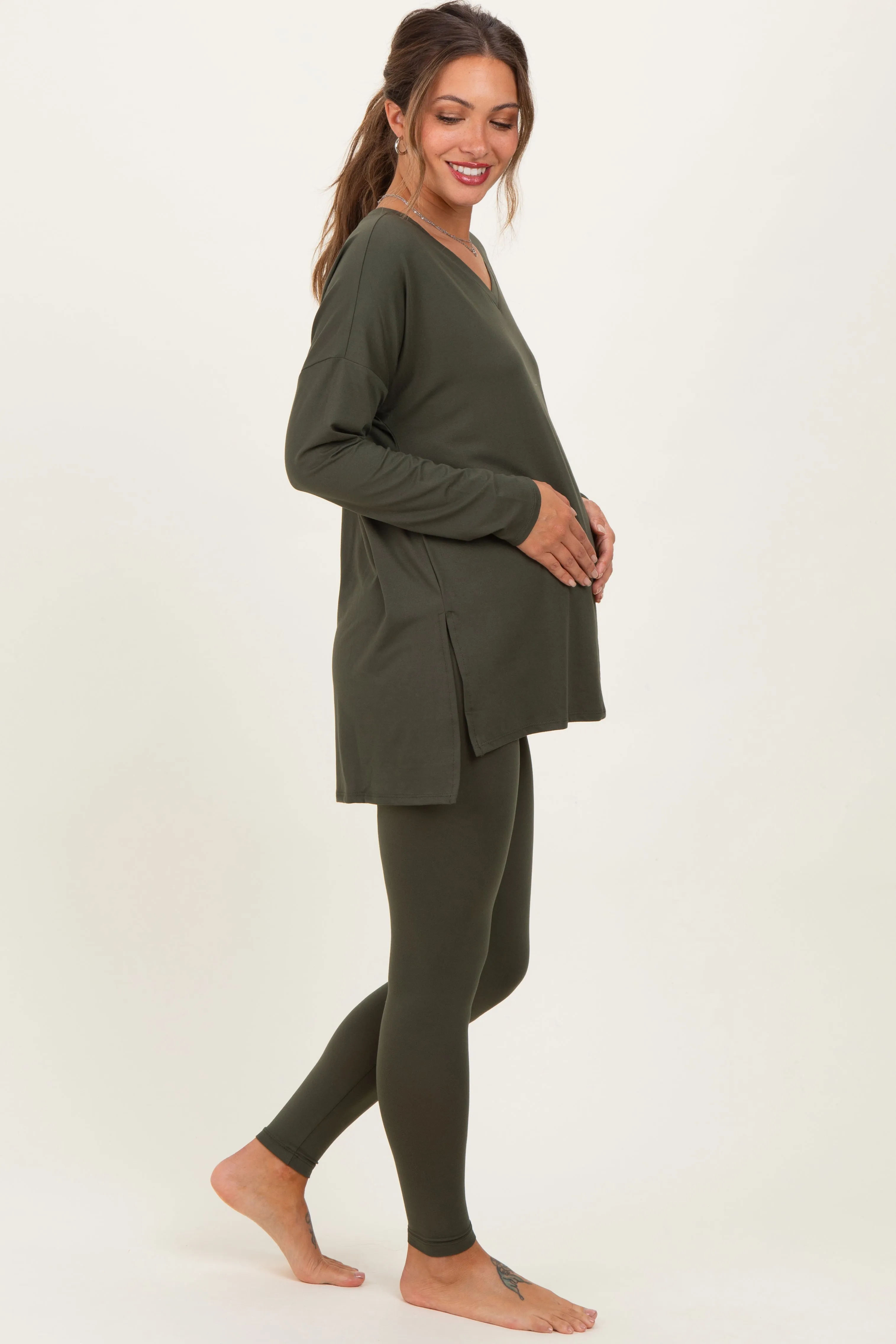 Olive Green Brushed Knit Maternity Oversized Top and Legging Set sold by Pinkblush product image thumbnail 3
