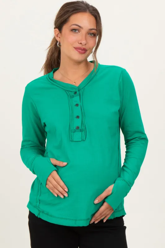 Green Long Sleeve Exposed Seam Maternity Top sold by Pinkblush