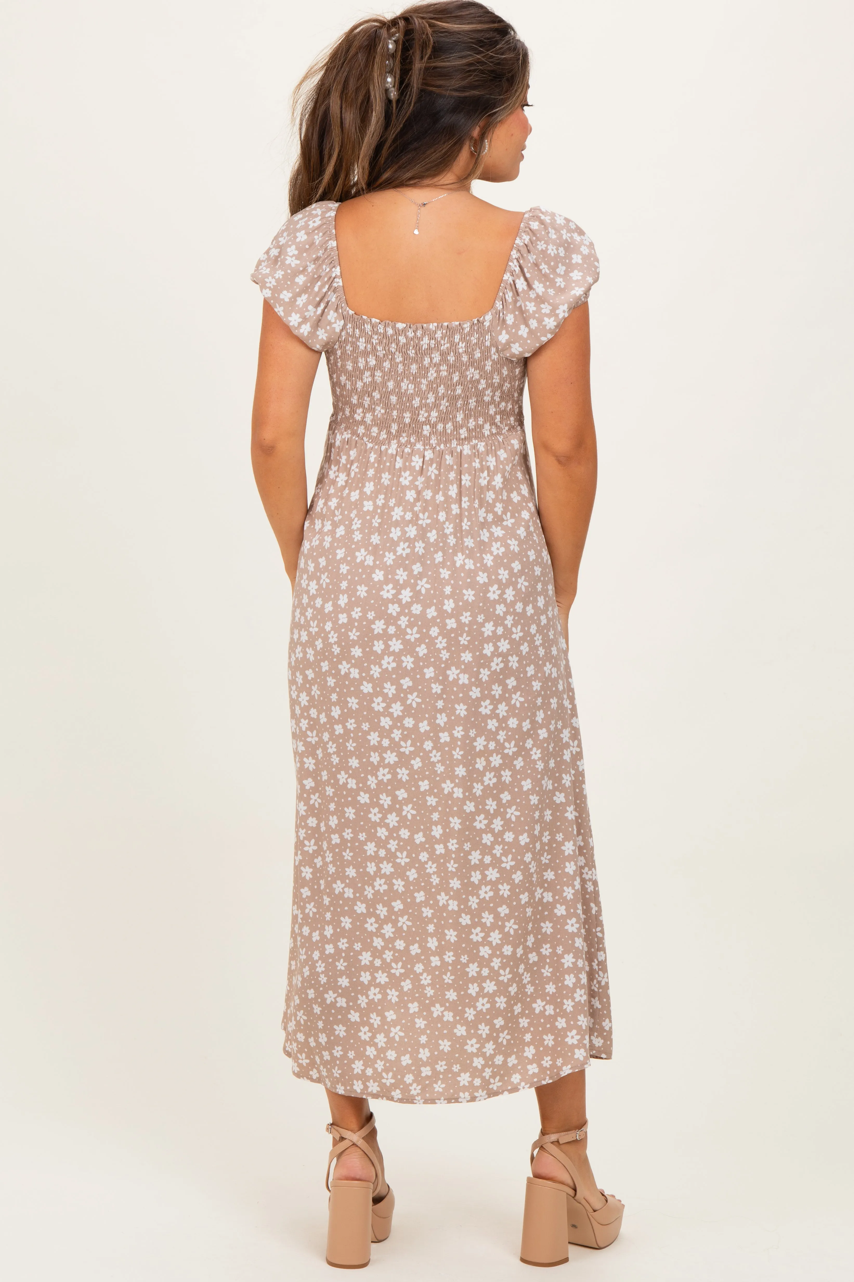 Beige Floral V-Neck Button Detail Maternity Midi Dress sold by Pinkblush product image thumbnail 3