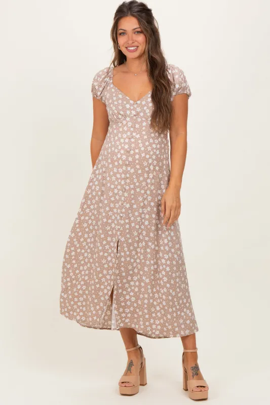 Beige Floral V-Neck Button Detail Maternity Midi Dress sold by Pinkblush