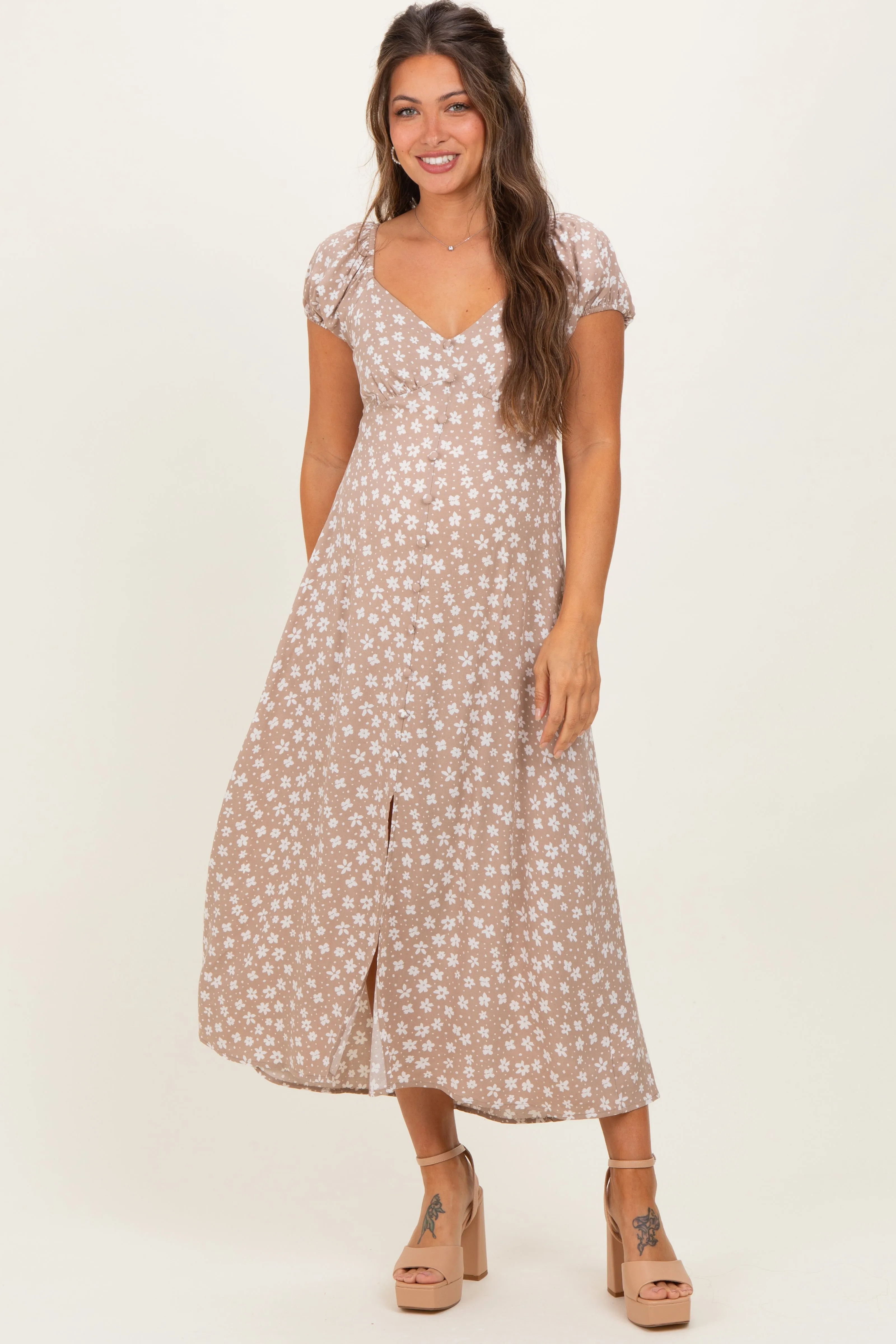 Beige Floral V-Neck Button Detail Maternity Midi Dress sold by Pinkblush