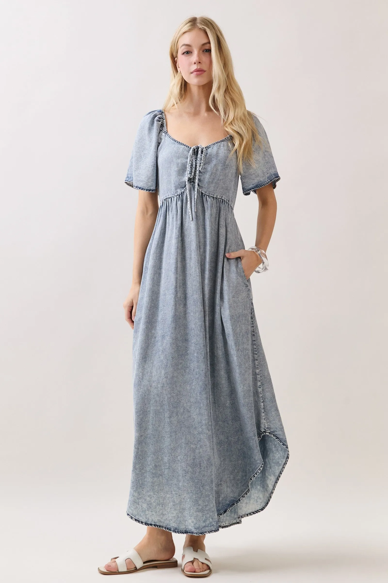 Light Blue Chambray Cinched Tie Bust Maxi Dress sold by Pinkblush