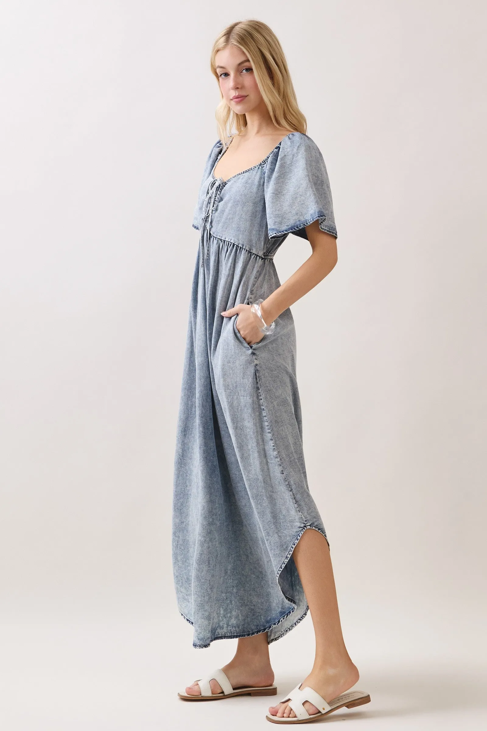 Light Blue Chambray Cinched Tie Bust Maxi Dress sold by Pinkblush product image thumbnail 2