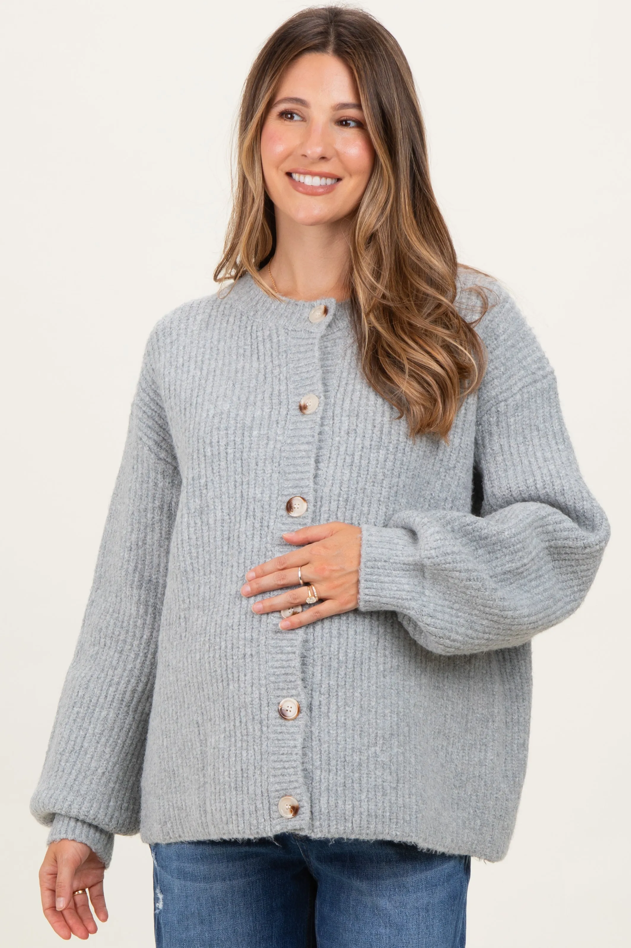 Heather Grey Knit Oversized Maternity Button Cardigan sold by Pinkblush product image thumbnail 2
