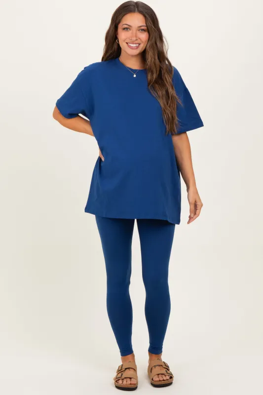 Navy Oversized Crewneck Short Sleeve and Legging Maternity Set sold by Pinkblush