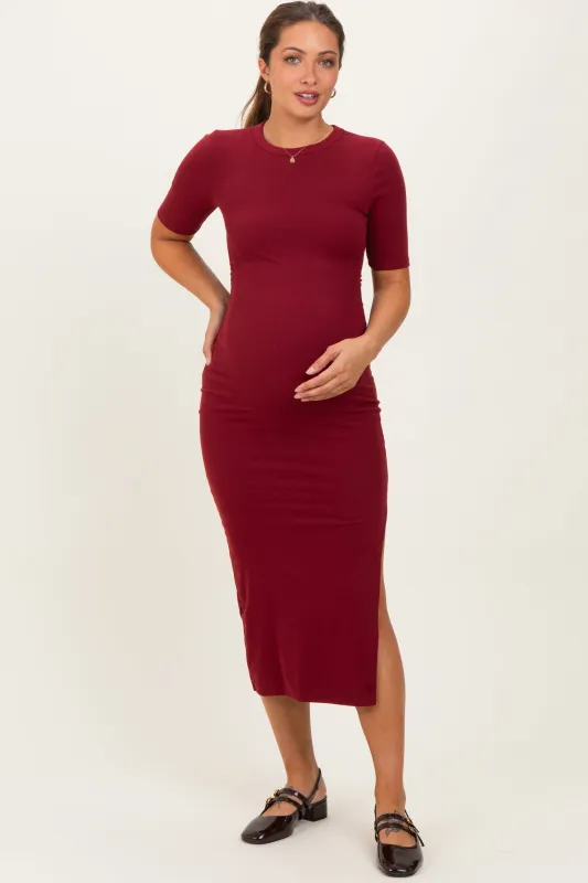 Burgundy Ruched Side Slit Maternity Midi Dress sold by Pinkblush