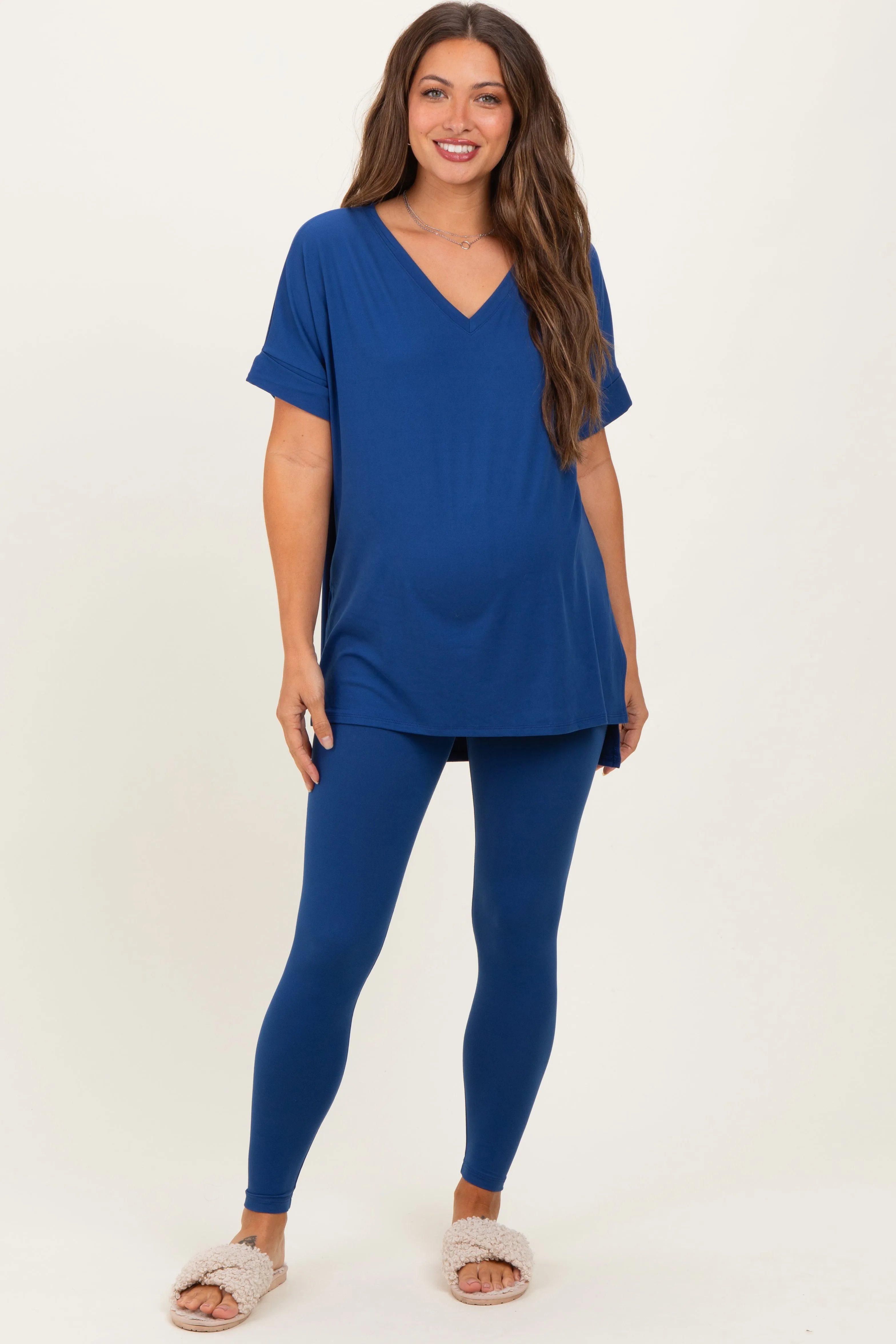 Navy Oversized V-Neck Tee Legging Maternity Lounge Set sold by Pinkblush