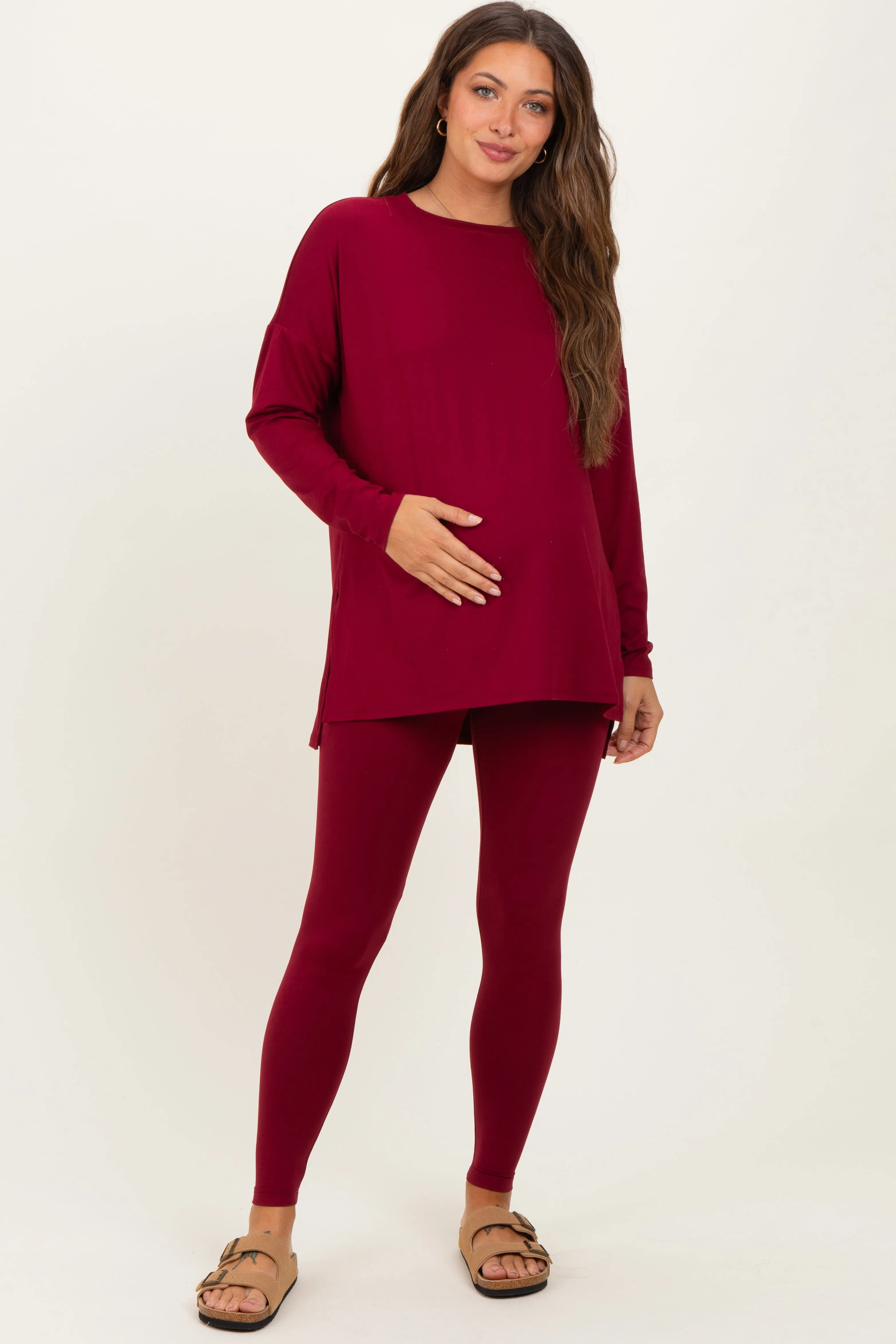 Burgundy Brushed Knit Oversized Top and Legging Maternity Set sold by Pinkblush product image thumbnail 2