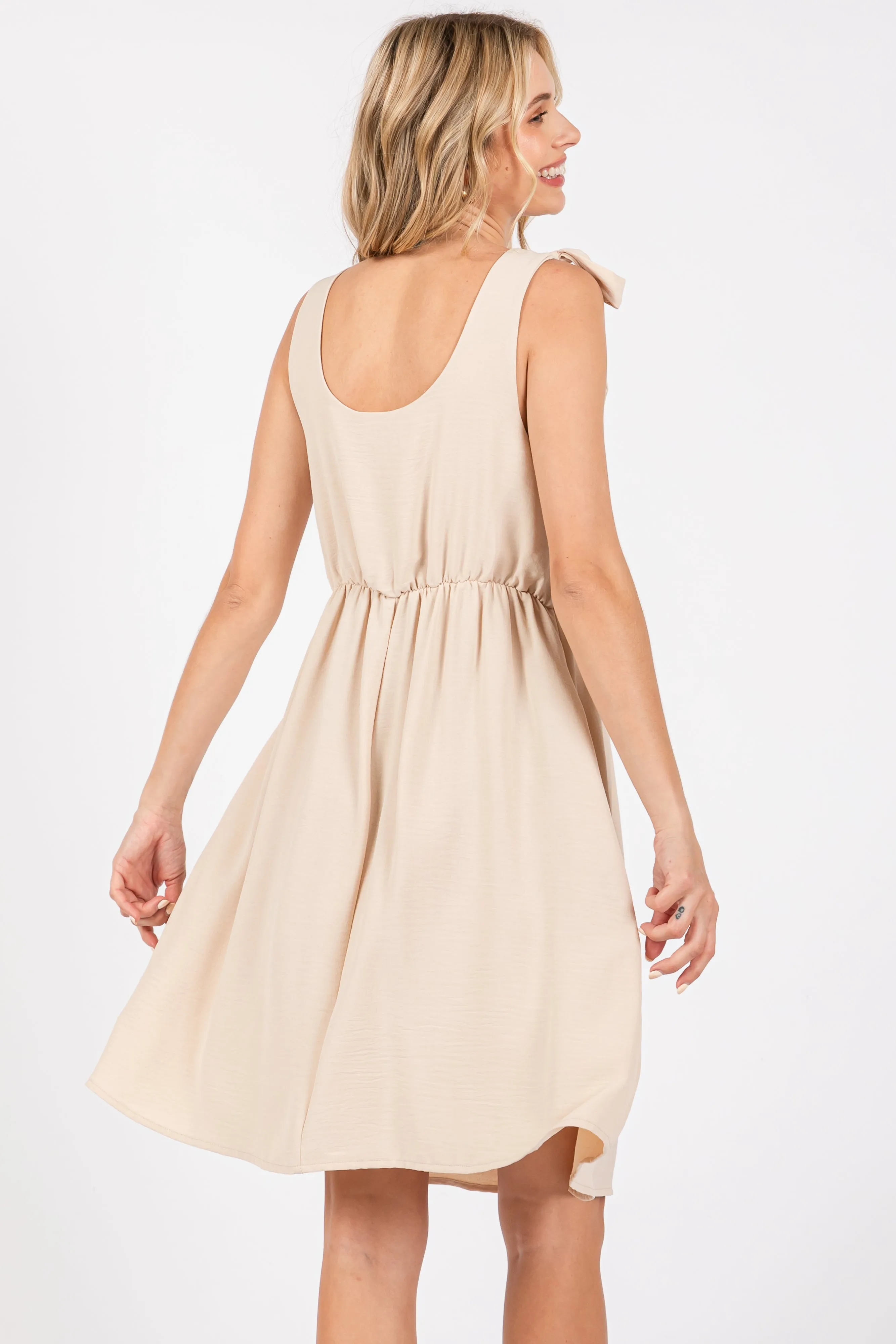Beige Solid Tie-Shoulder Scoop Neck Dress sold by Pinkblush product image thumbnail 3