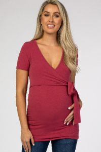 Burgundy Wrap Front Tie Maternity/Nursing Top sold by Pinkblush