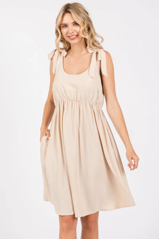 Beige Solid Tie-Shoulder Scoop Neck Dress sold by Pinkblush