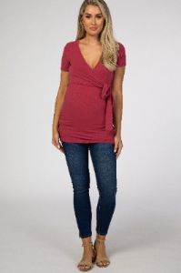 Burgundy Wrap Front Tie Maternity/Nursing Top sold by Pinkblush
