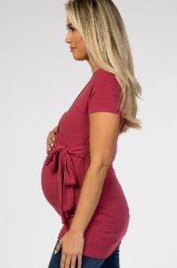 Burgundy Wrap Front Tie Maternity/Nursing Top sold by Pinkblush