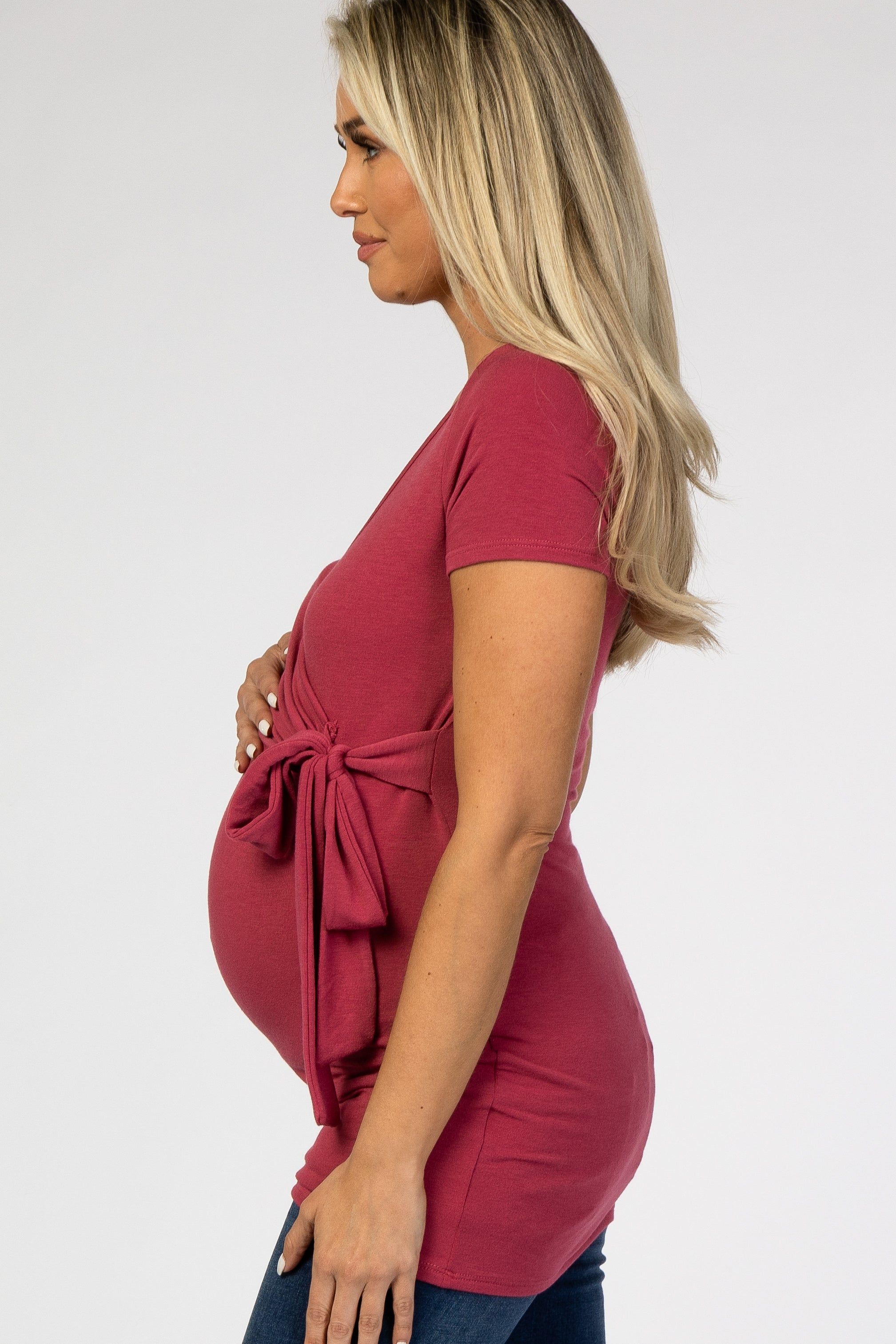 Burgundy Wrap Front Tie Maternity/Nursing Top sold by Pinkblush product image thumbnail 2