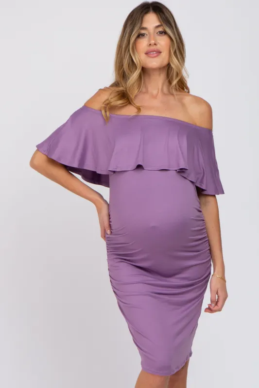 Lavender Off Shoulder Fitted Maternity Dress sold by Pinkblush