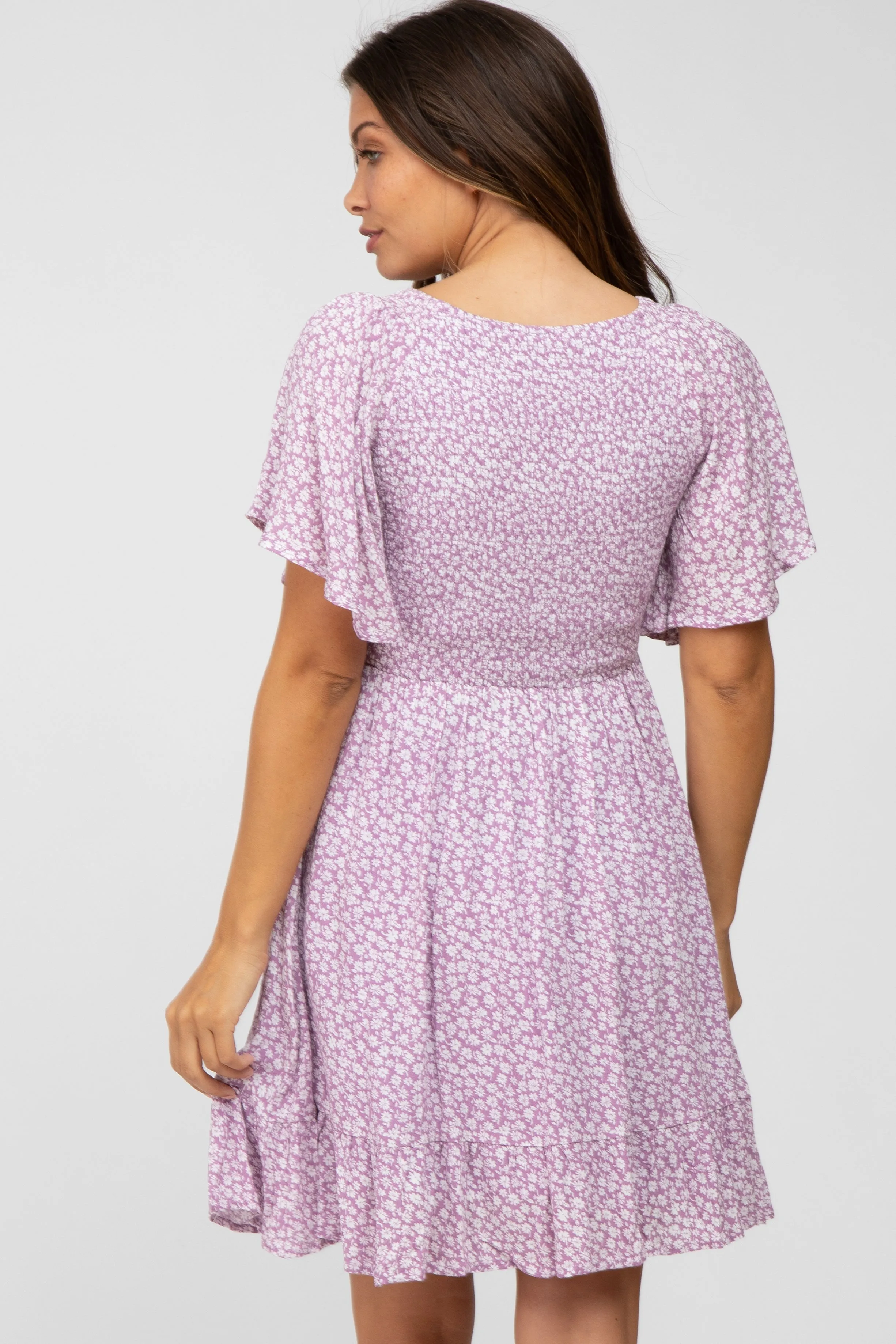 Lavender Floral Print Smocked V-Neck Maternity Dress sold by Pinkblush product image thumbnail 4