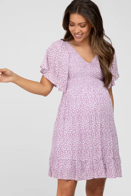 Lavender Floral Print Smocked V-Neck Maternity Dress sold by Pinkblush