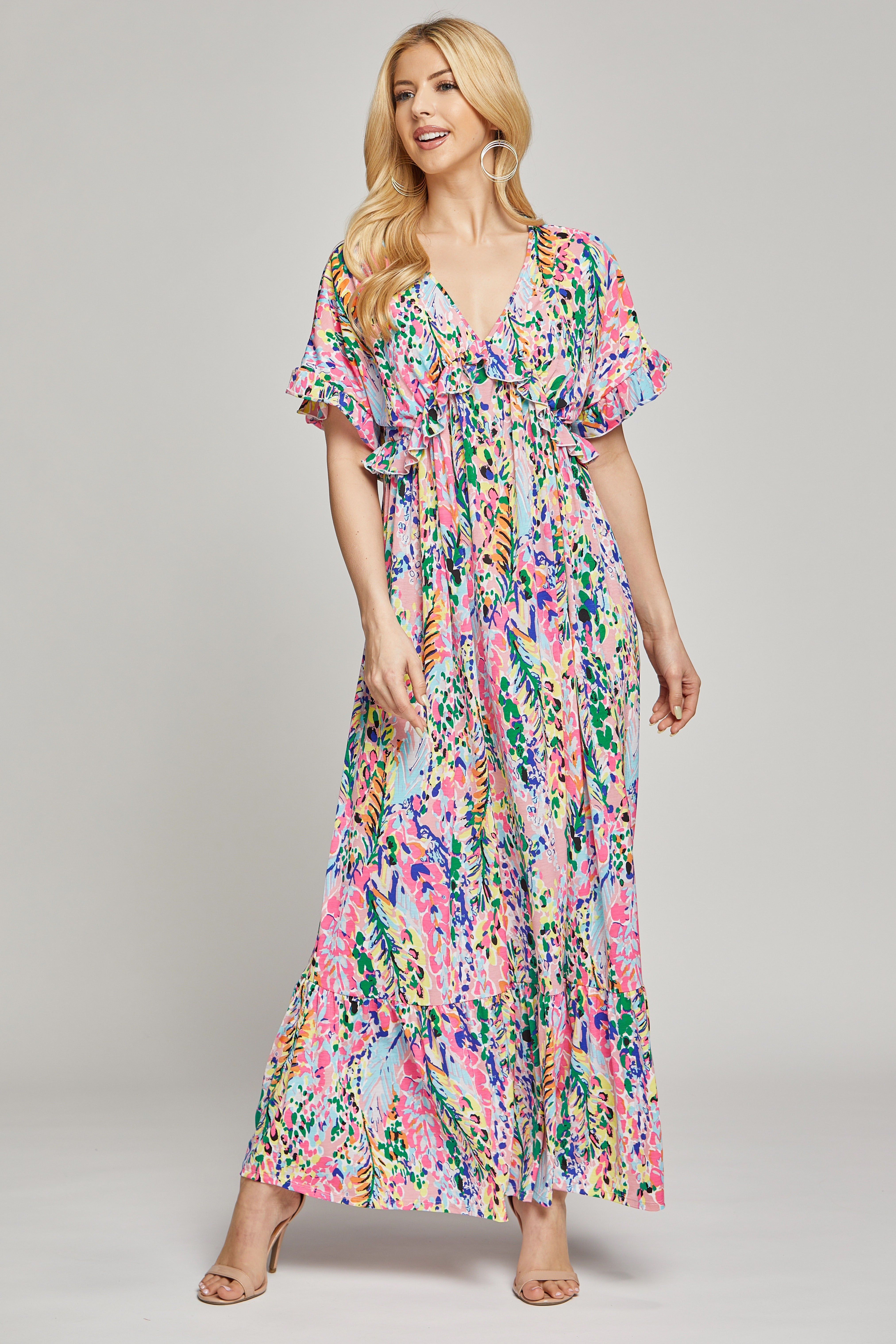 Pink Multi-Color Floral Ruffle Maxi Dress sold by Pinkblush