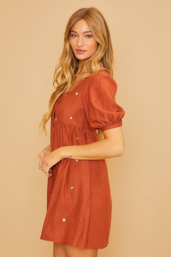 Rust Ribbed Button Front Flower Embroidered Dress sold by Pinkblush product image thumbnail 2
