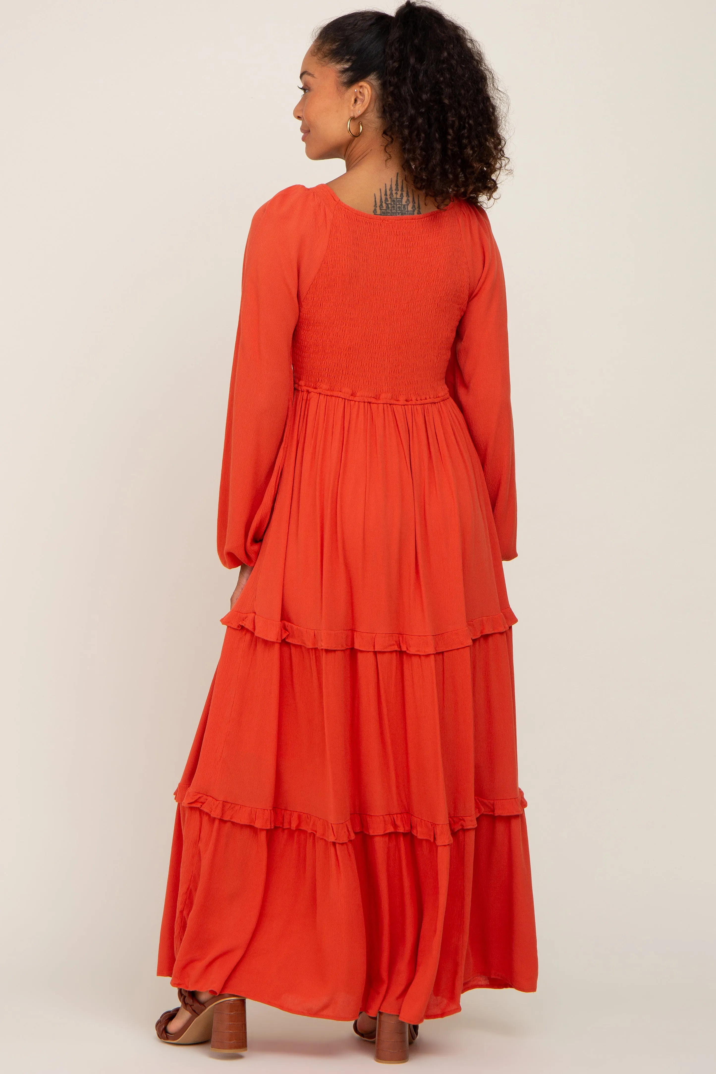 Rust Smocked Tiered Midi Dress sold by Pinkblush product image thumbnail 3