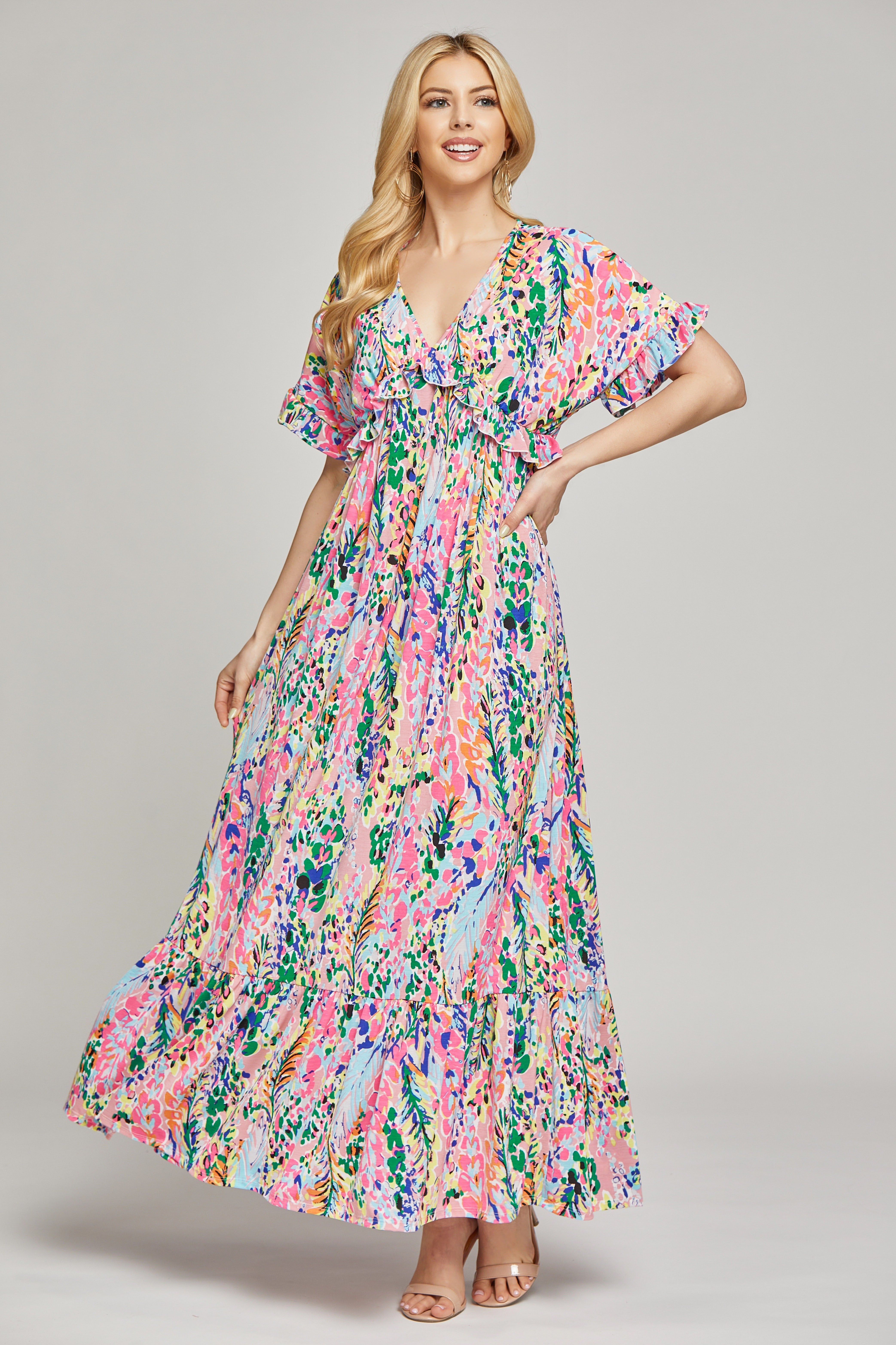 Pink Multi-Color Floral Ruffle Maxi Dress sold by Pinkblush product image thumbnail 2