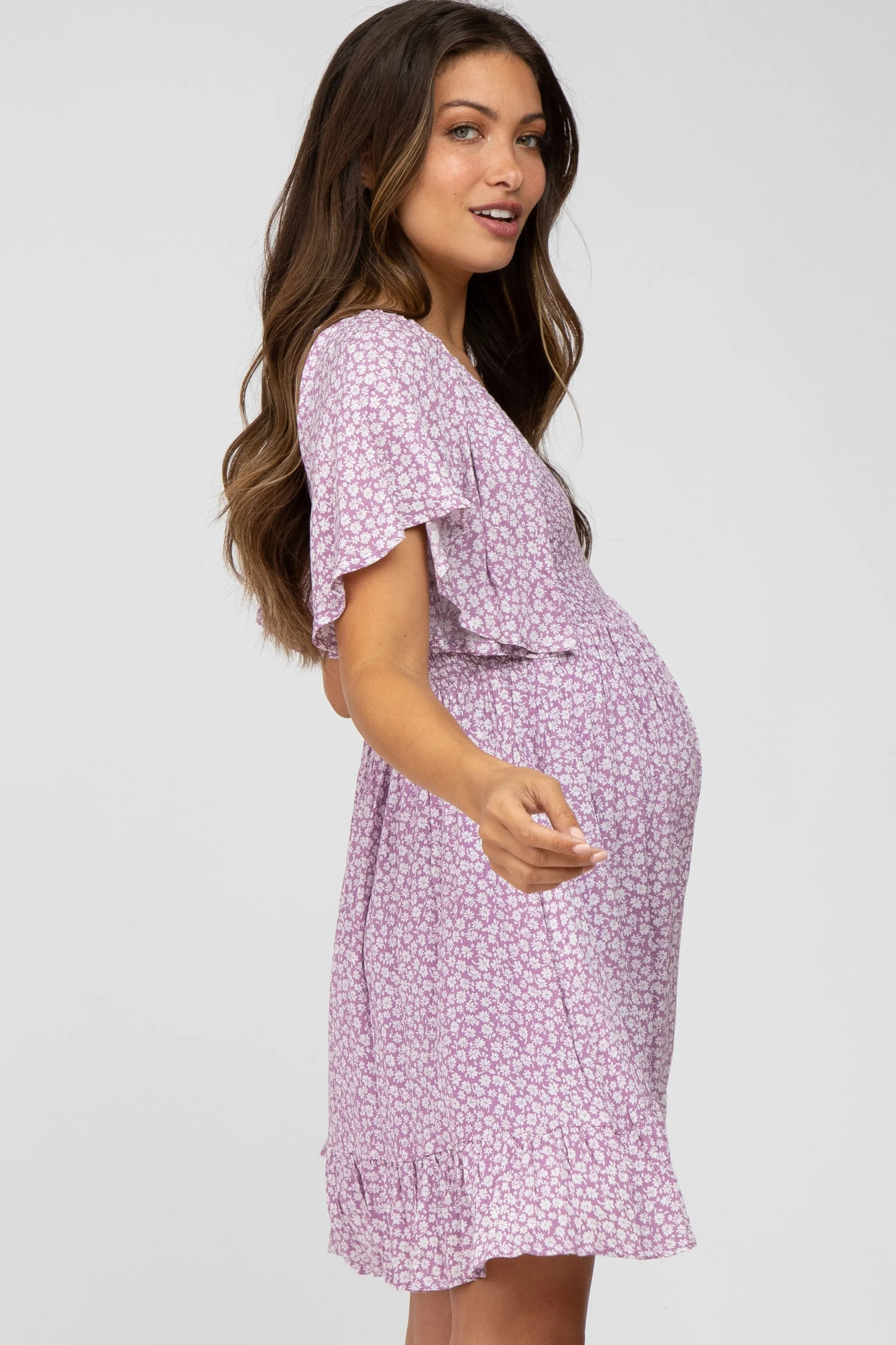 Lavender Floral Print Smocked V-Neck Maternity Dress sold by Pinkblush product image thumbnail 3