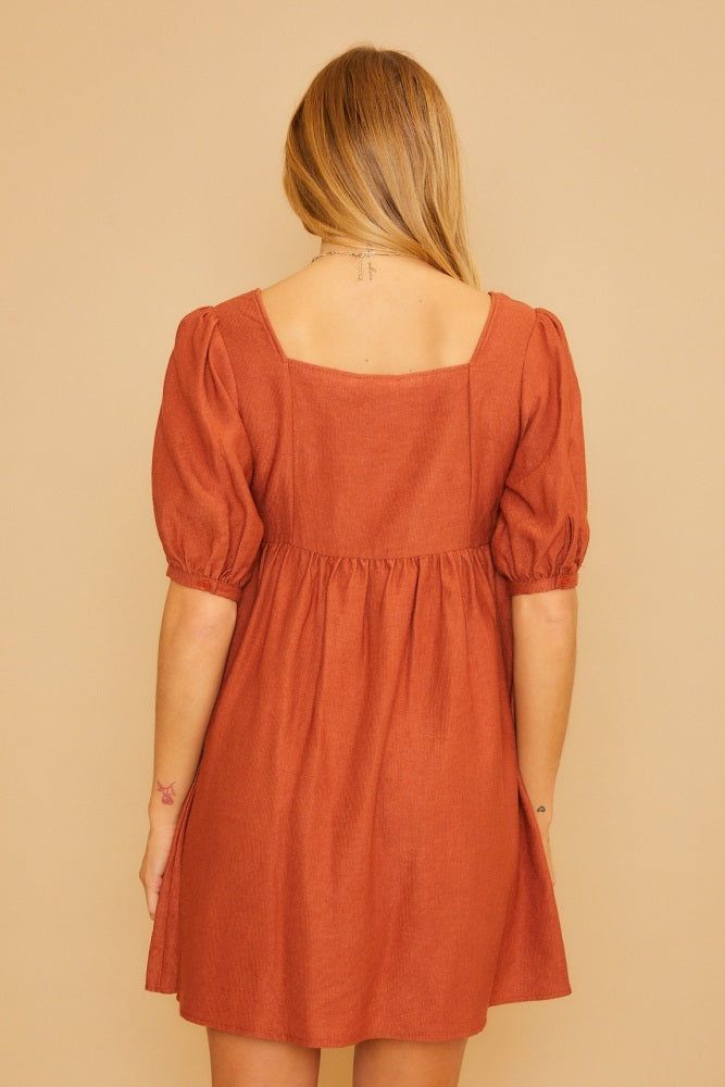 Rust Ribbed Button Front Flower Embroidered Dress sold by Pinkblush product image thumbnail 3