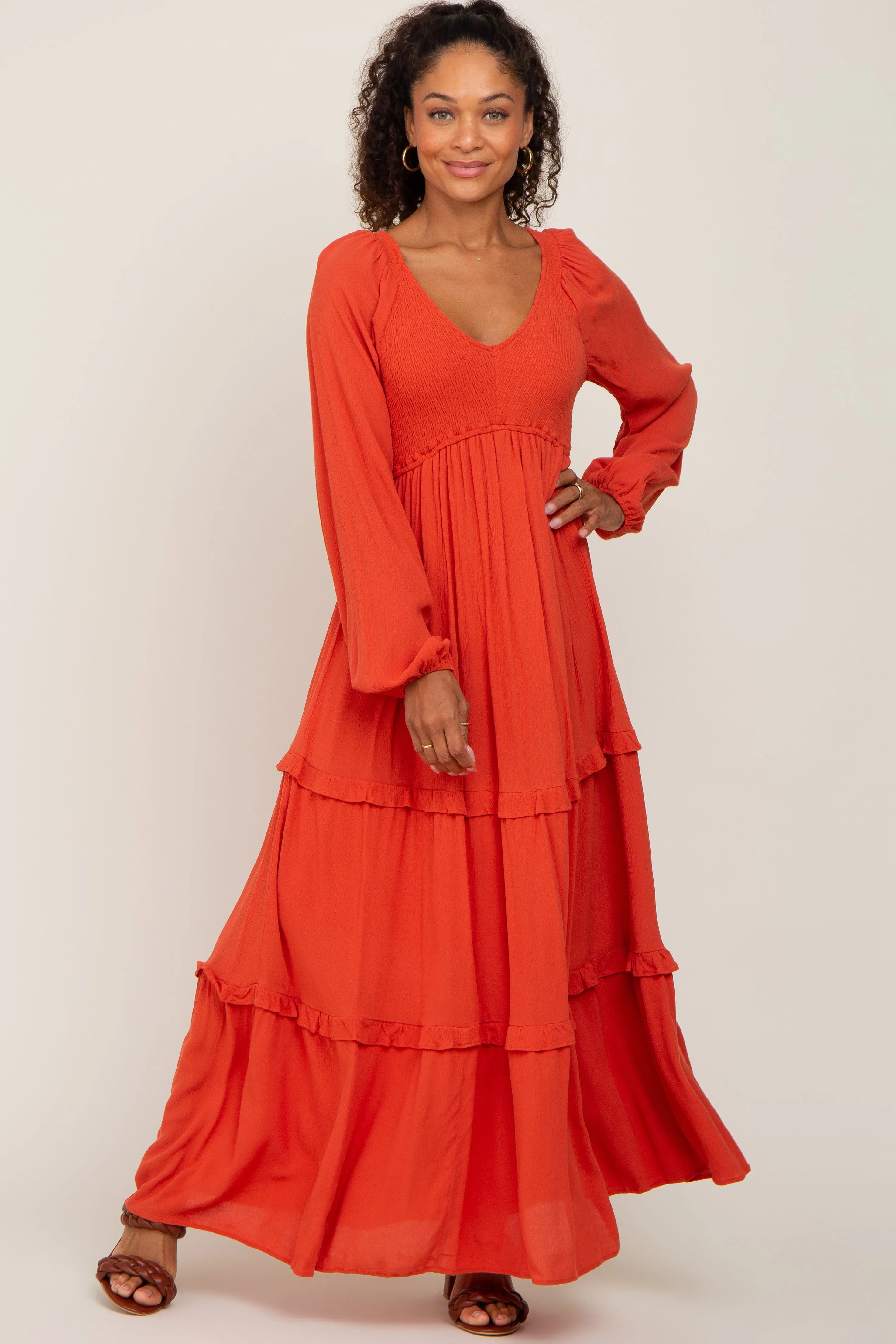 Rust Smocked Tiered Midi Dress sold by Pinkblush product image thumbnail 4