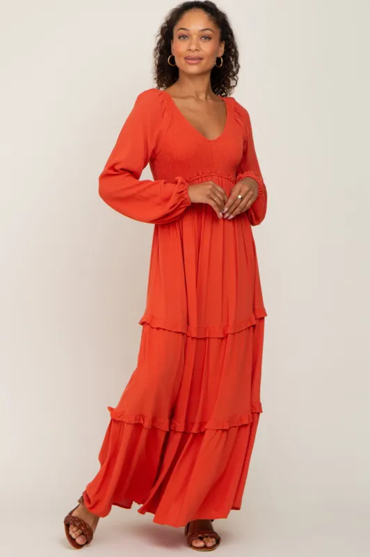 Rust Smocked Tiered Midi Dress sold by Pinkblush