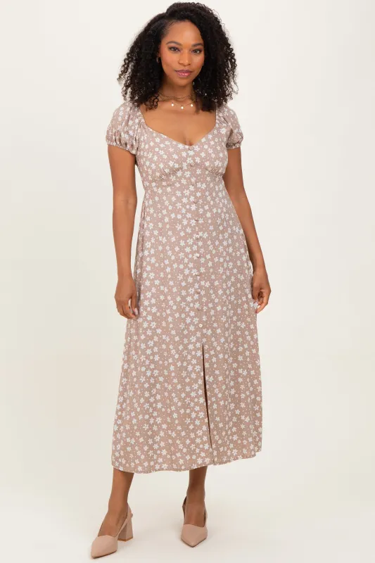 Beige Floral V-Neck Button Detail Midi Dress sold by Pinkblush