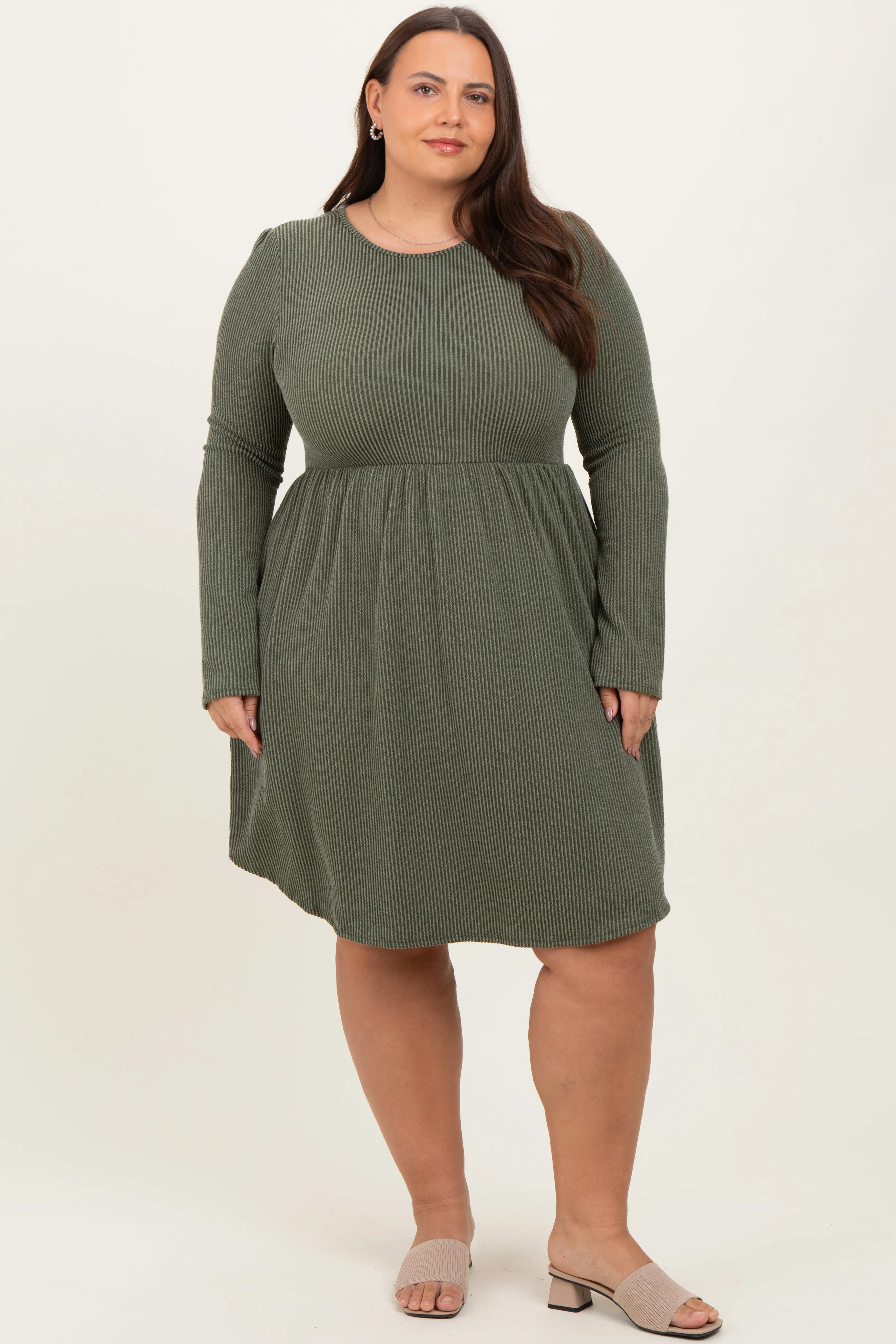 Olive Textured Rib Long Sleeve Plus Dress sold by Pinkblush