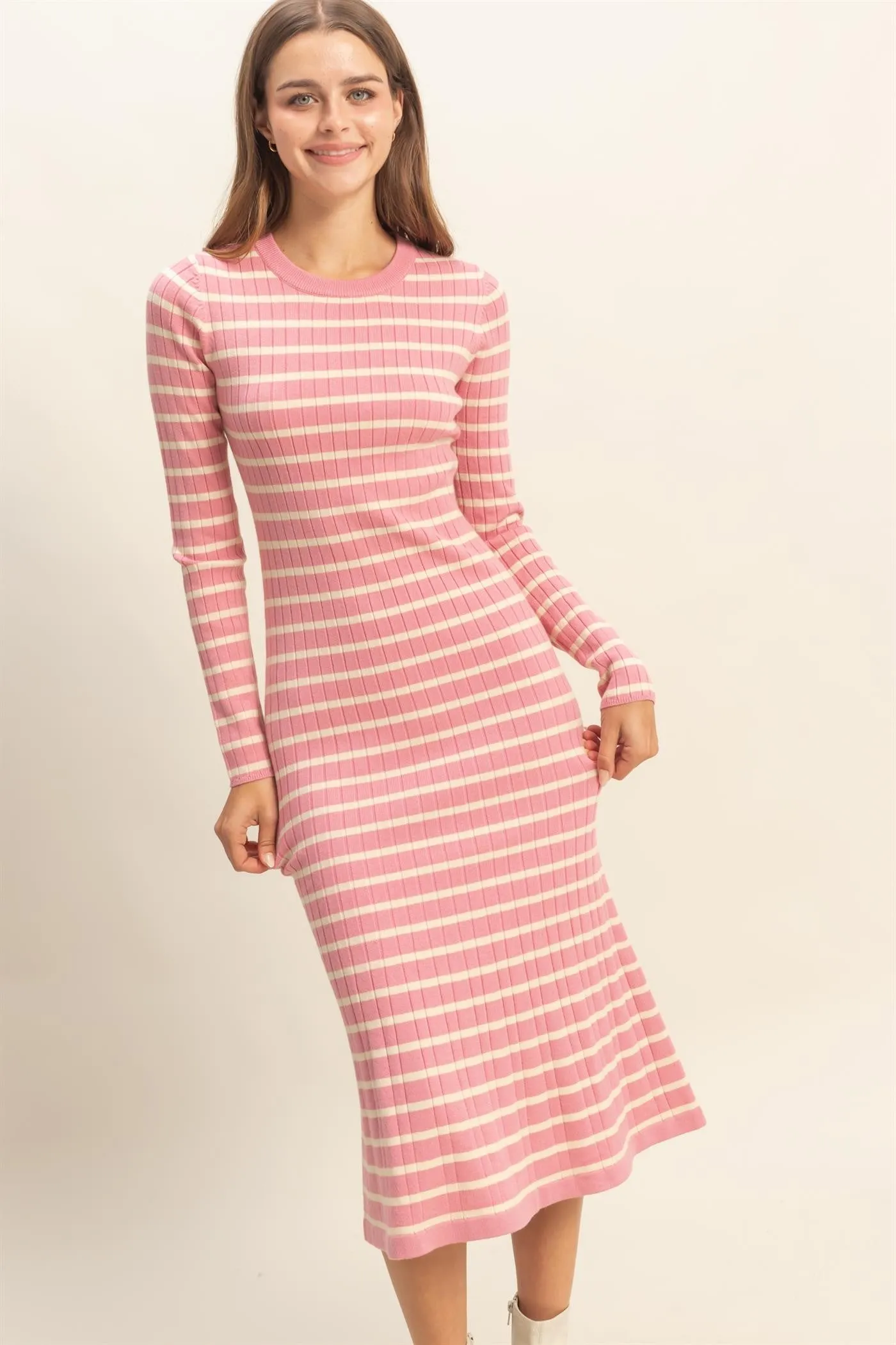 Pink Striped Knit Midi Flare Dress sold by Pinkblush product image thumbnail 4