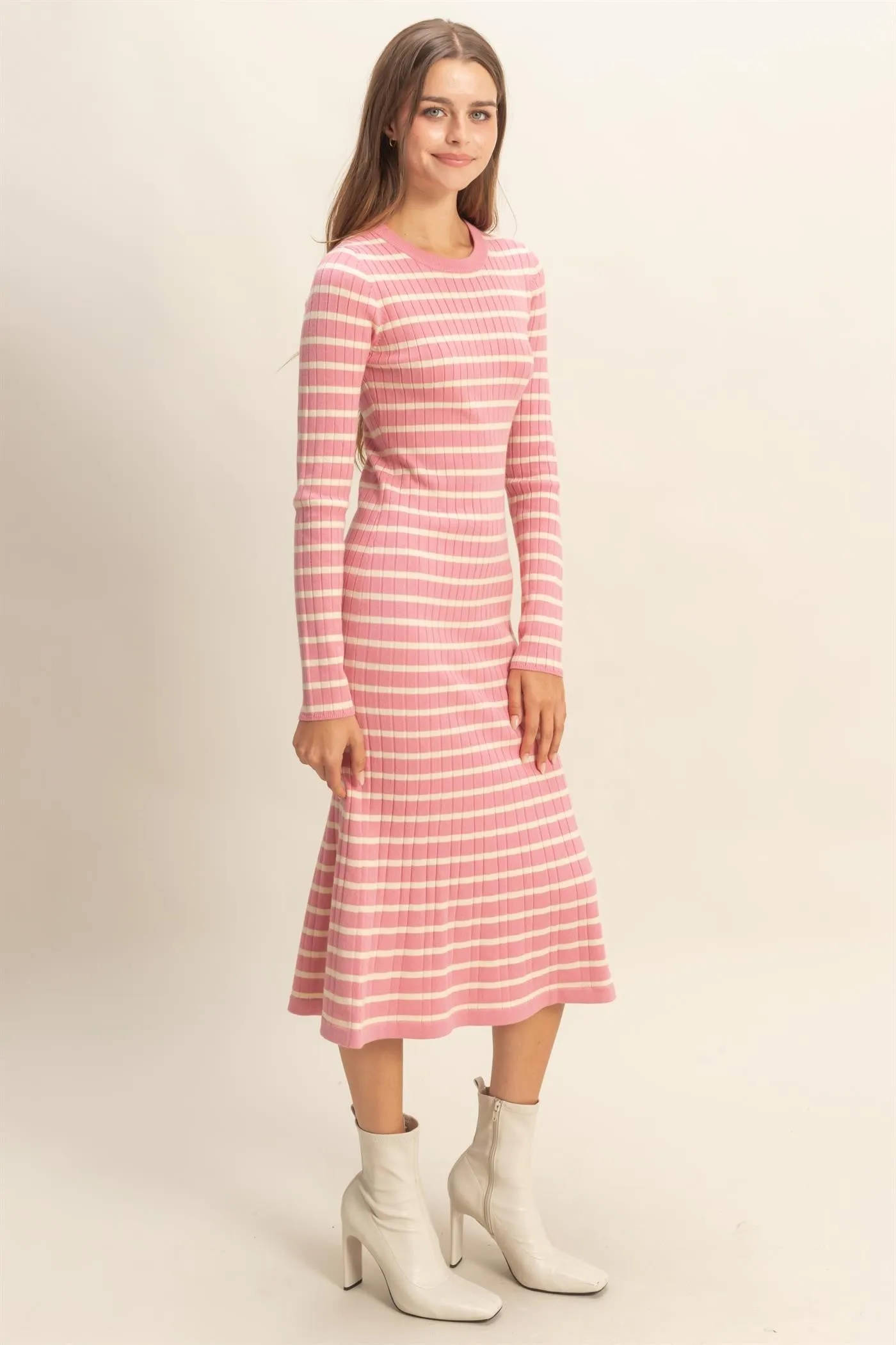 Pink Striped Knit Midi Flare Dress sold by Pinkblush product image thumbnail 2