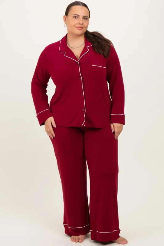 Burgundy Button Down Top Wide Leg Pant Plus Pajama Set sold by Pinkblush